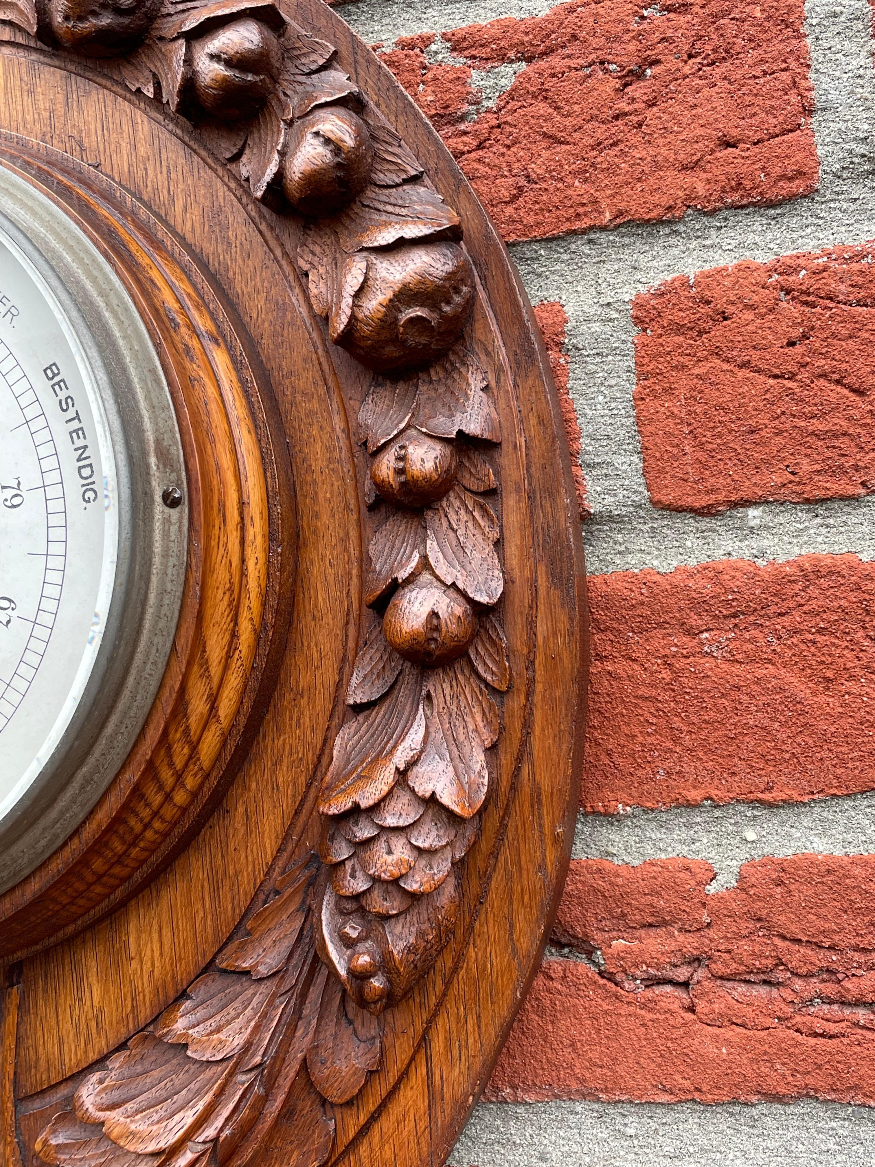 Tall Finely Hand Carved Oak & Porcelain Antique Wall Barometer Made in Amsterdam For Sale 9