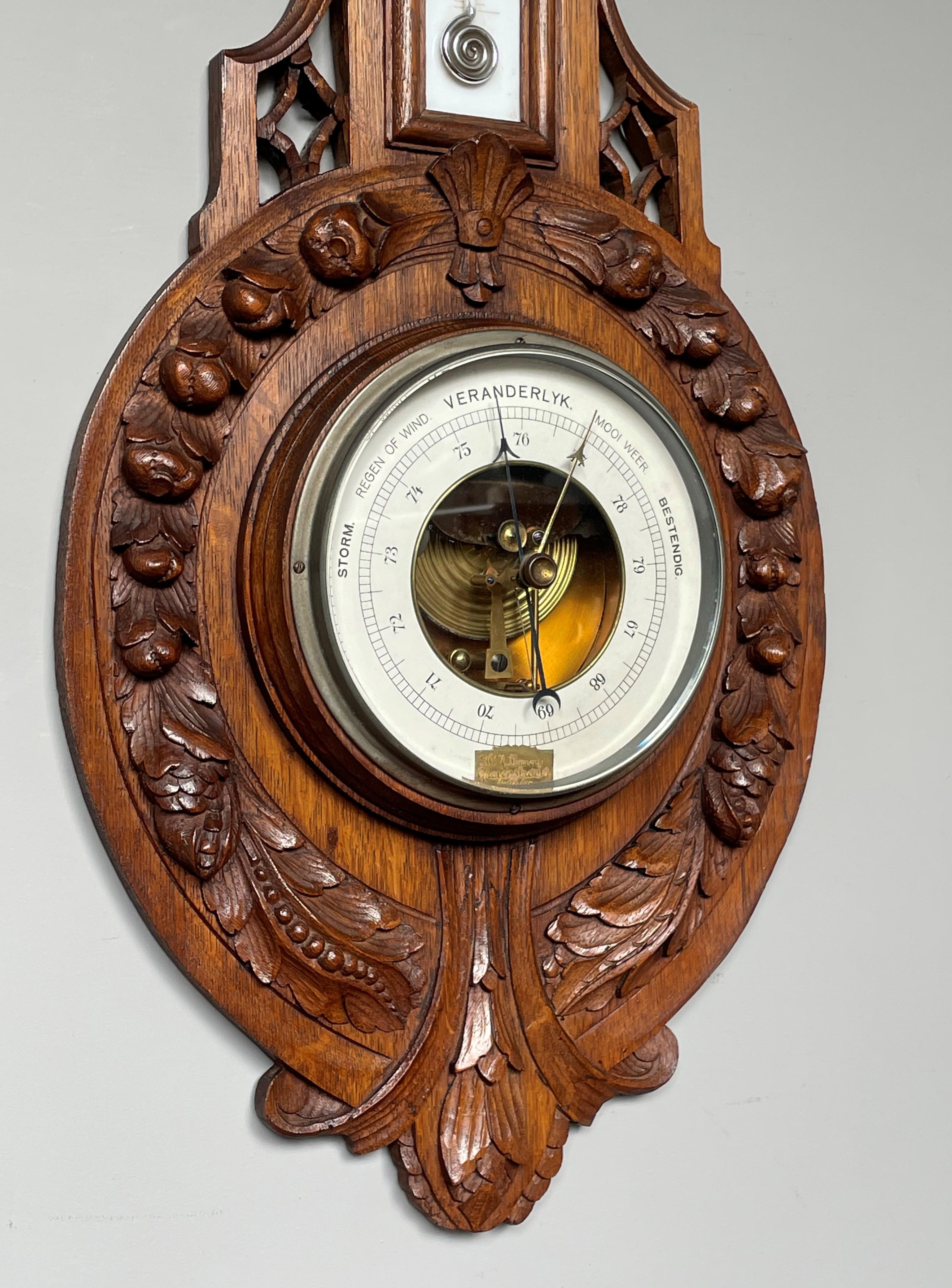 Arts and Crafts Tall Finely Hand Carved Oak & Porcelain Antique Wall Barometer Made in Amsterdam For Sale
