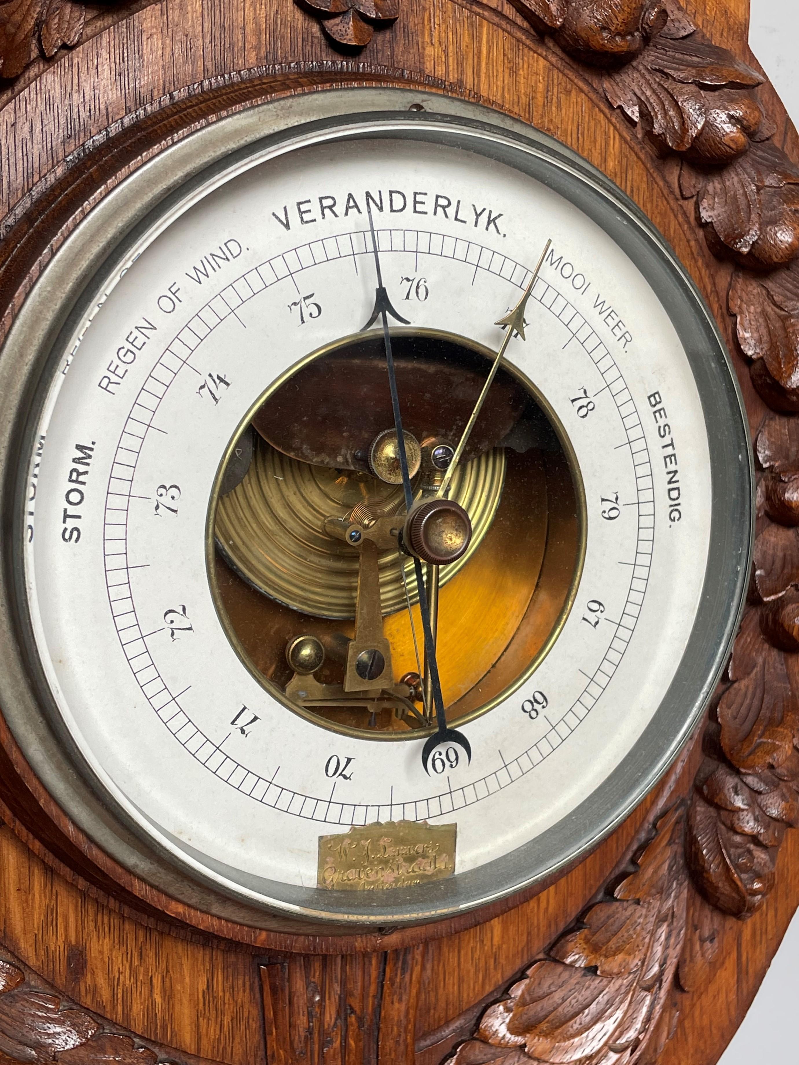 Dutch Tall Finely Hand Carved Oak & Porcelain Antique Wall Barometer Made in Amsterdam For Sale