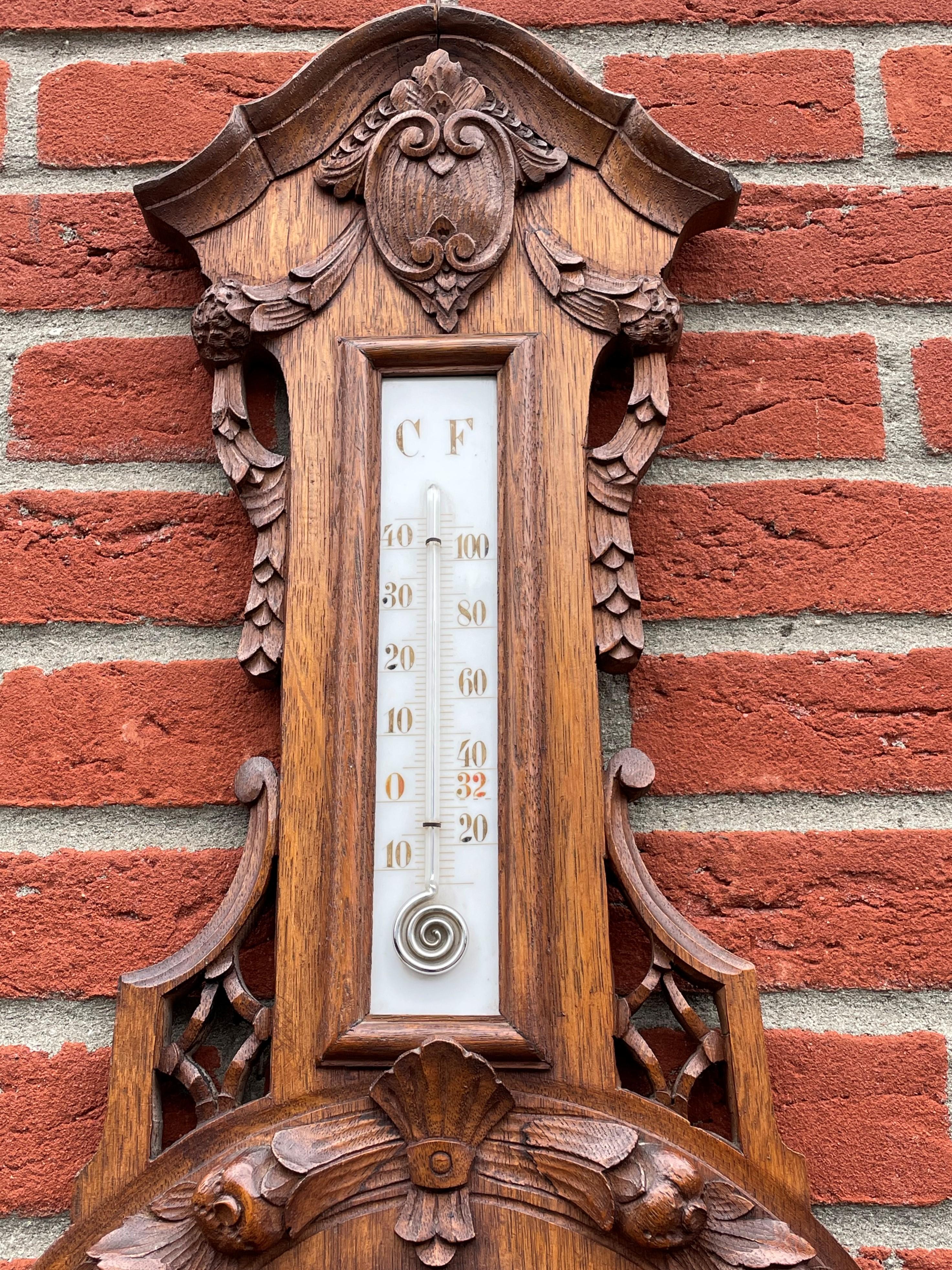 Tall Finely Hand Carved Oak & Porcelain Antique Wall Barometer Made in Amsterdam In Good Condition For Sale In Lisse, NL