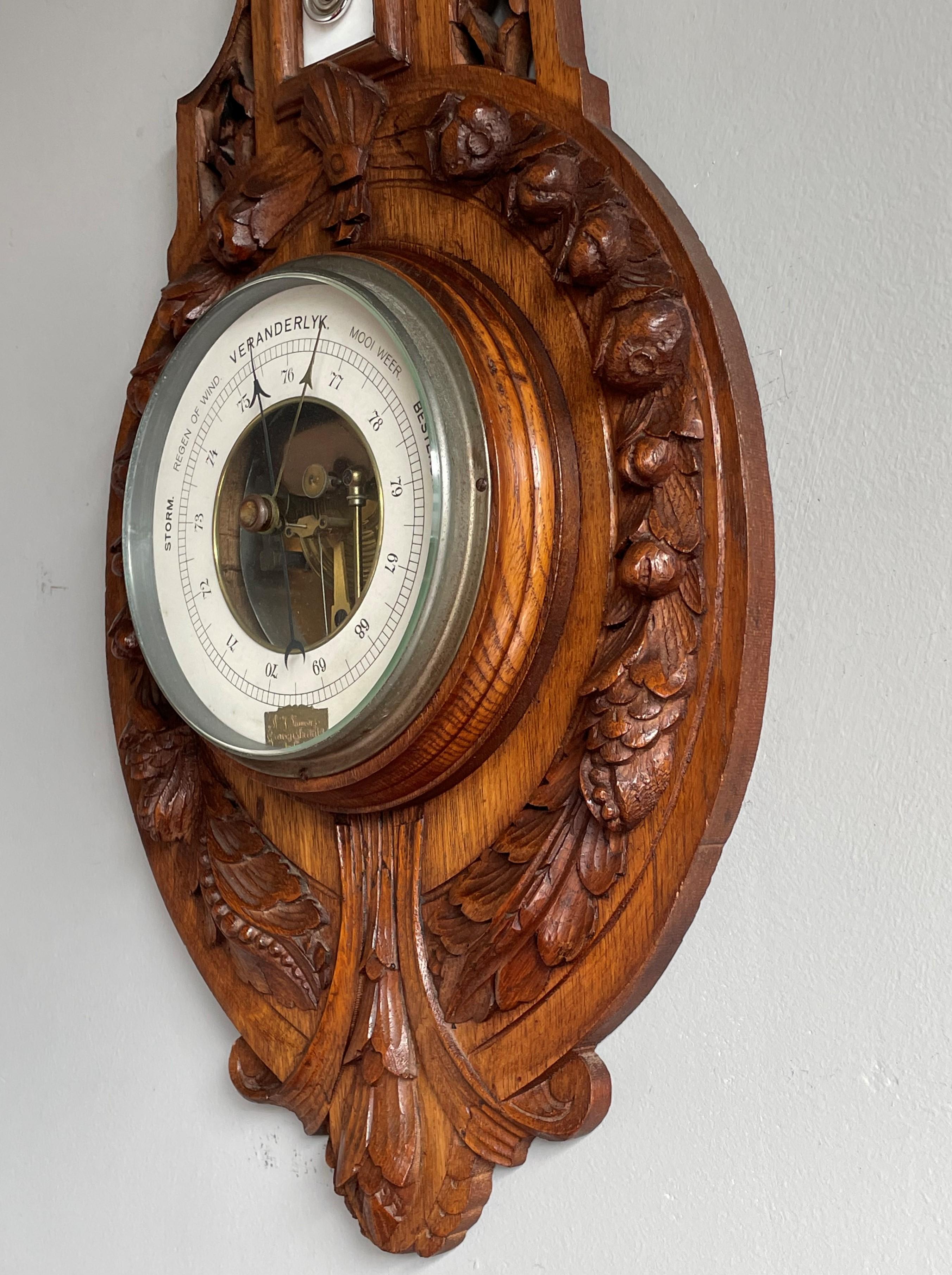 20th Century Tall Finely Hand Carved Oak & Porcelain Antique Wall Barometer Made in Amsterdam For Sale