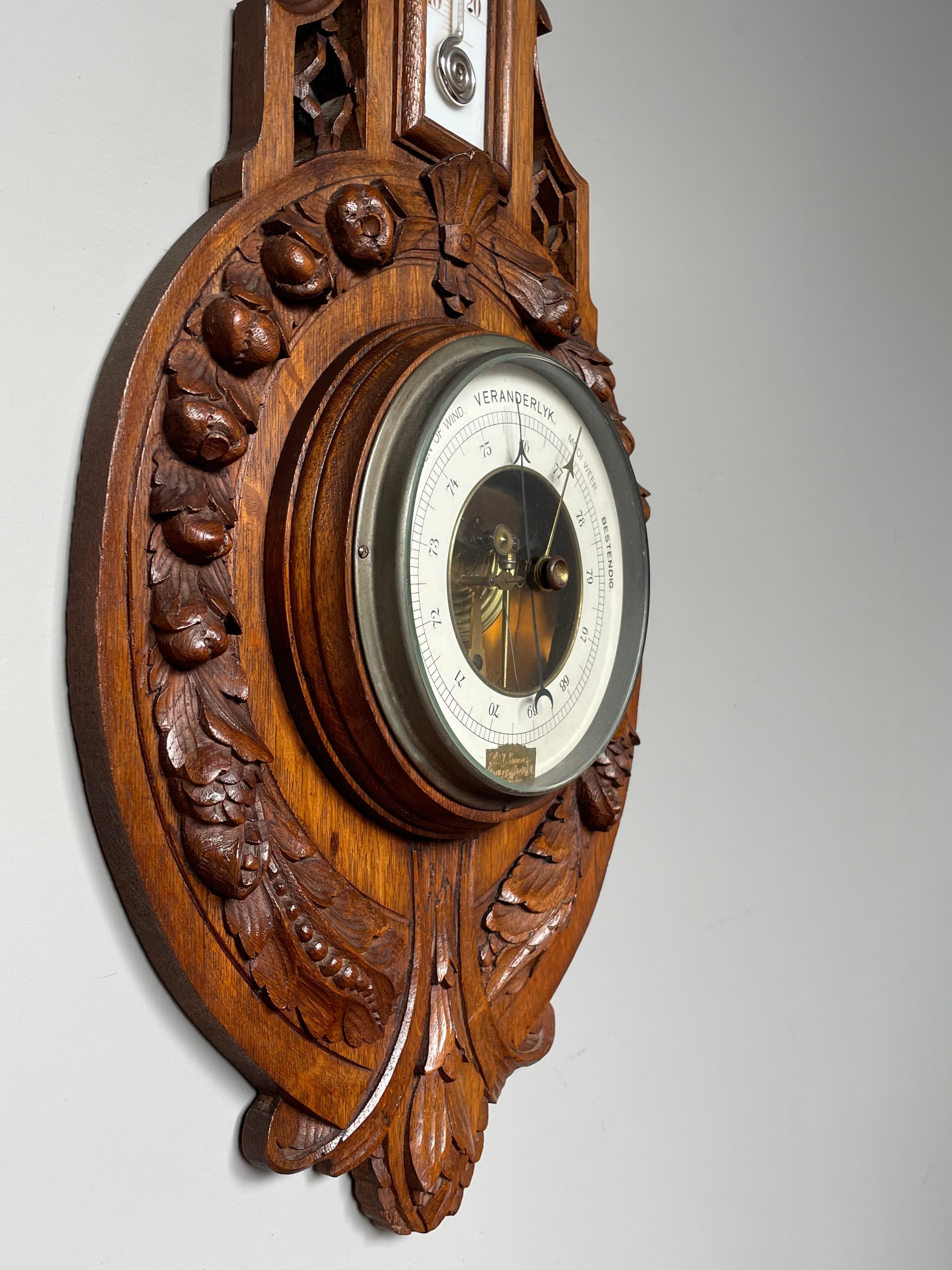 Zinc Tall Finely Hand Carved Oak & Porcelain Antique Wall Barometer Made in Amsterdam For Sale
