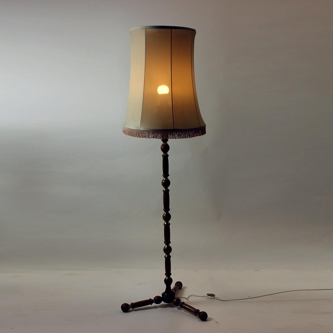 Bohemian Tall Floor Lamp In Oak & Brass, Czechoslovakia 1950s