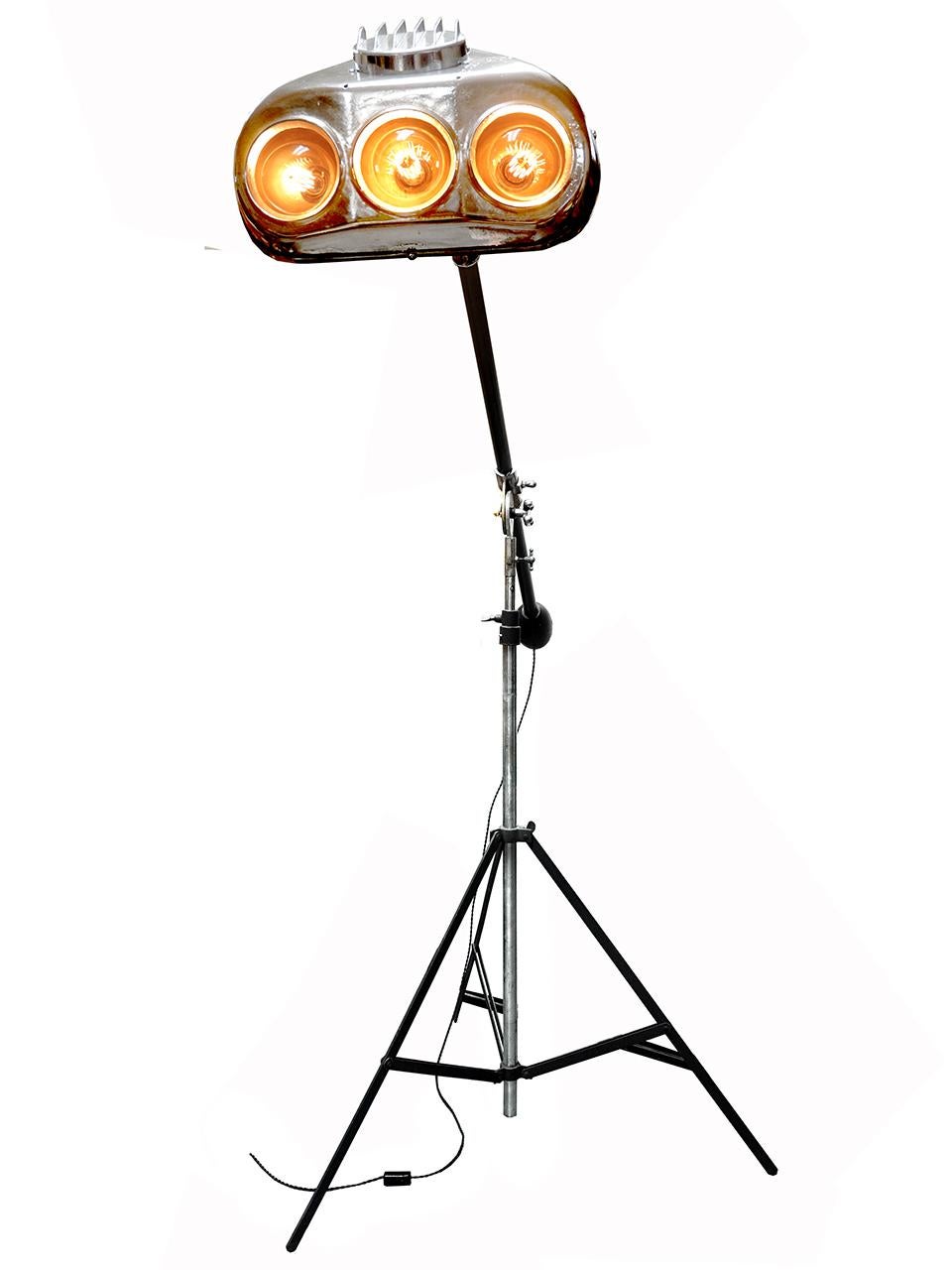 Polished Tall Floor Standing Triple Bulb Boom Light on Tripod Base For Sale