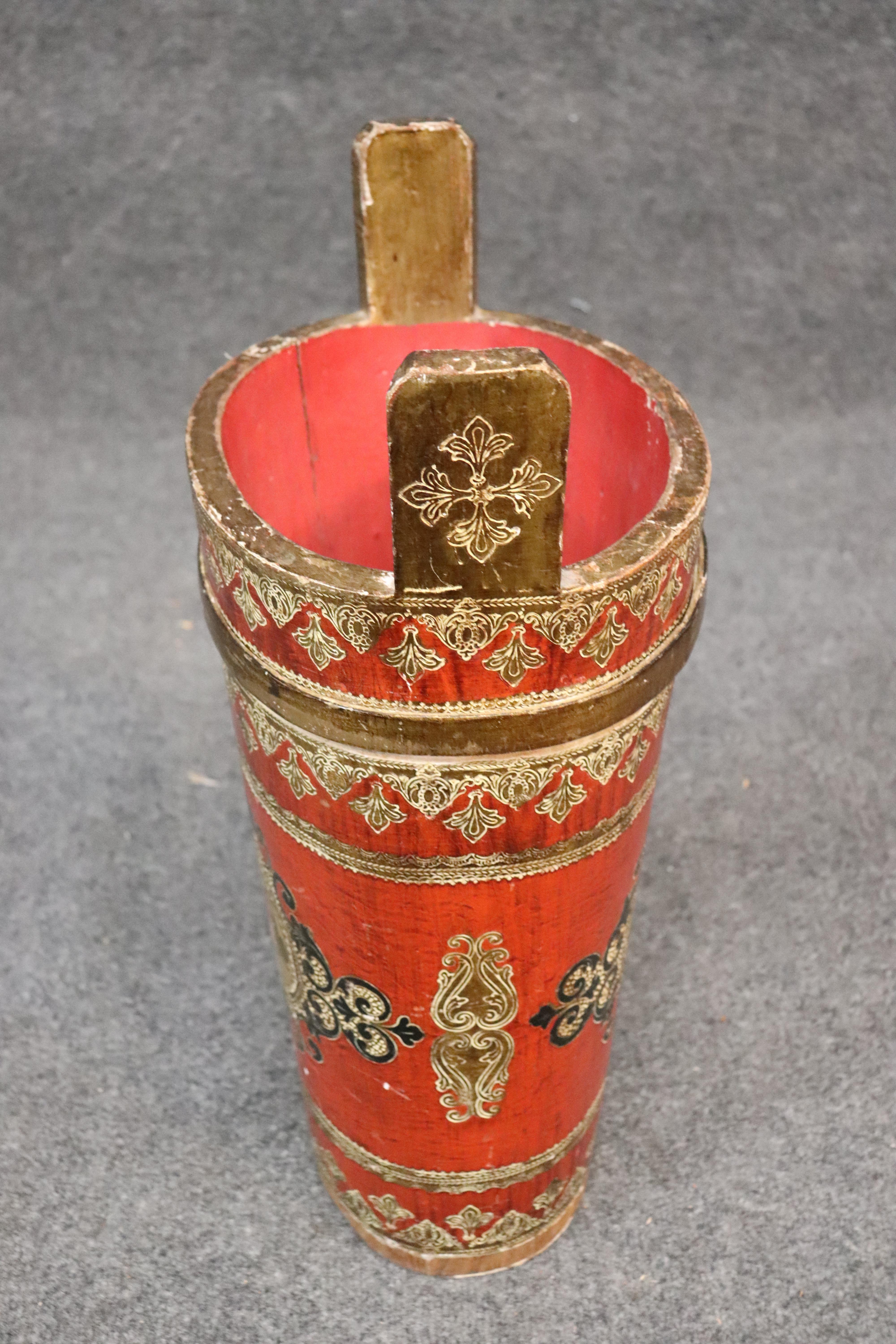 Adam Style Tall Florentine Paint Decorated Gilded Italian Waste Paper Basket Trash Can