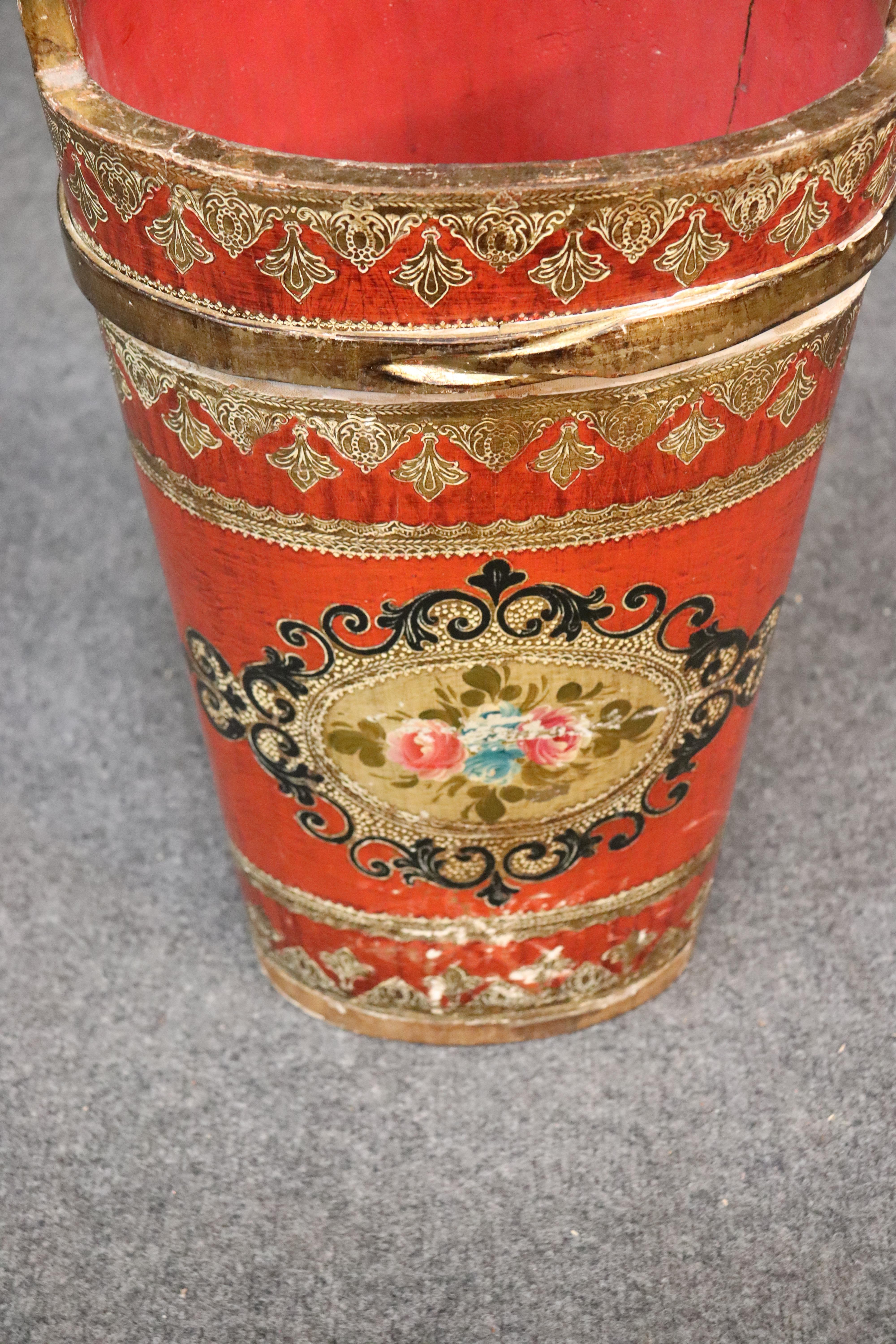 Mid-20th Century Tall Florentine Paint Decorated Gilded Italian Waste Paper Basket Trash Can
