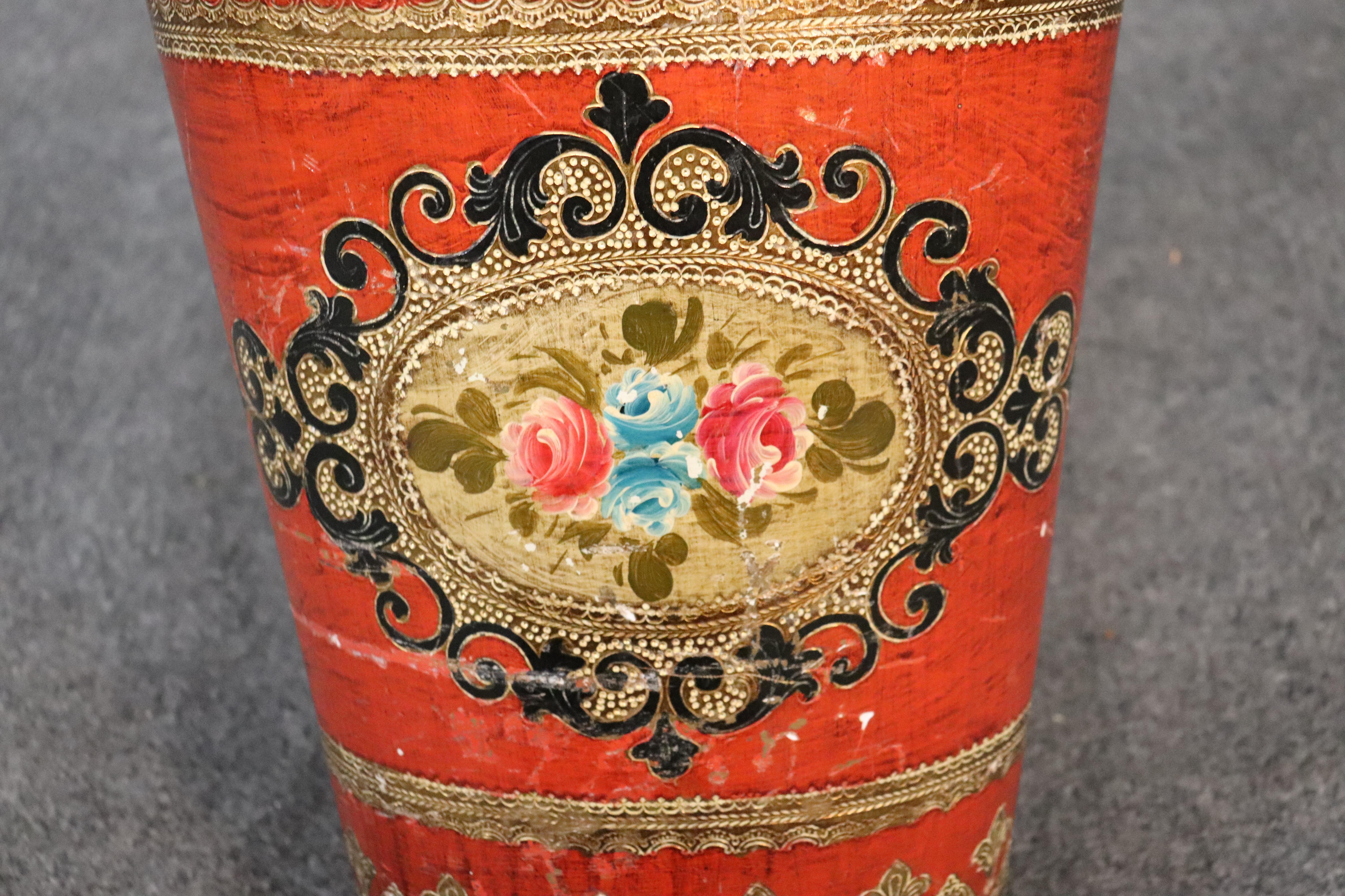 Beech Tall Florentine Paint Decorated Gilded Italian Waste Paper Basket Trash Can