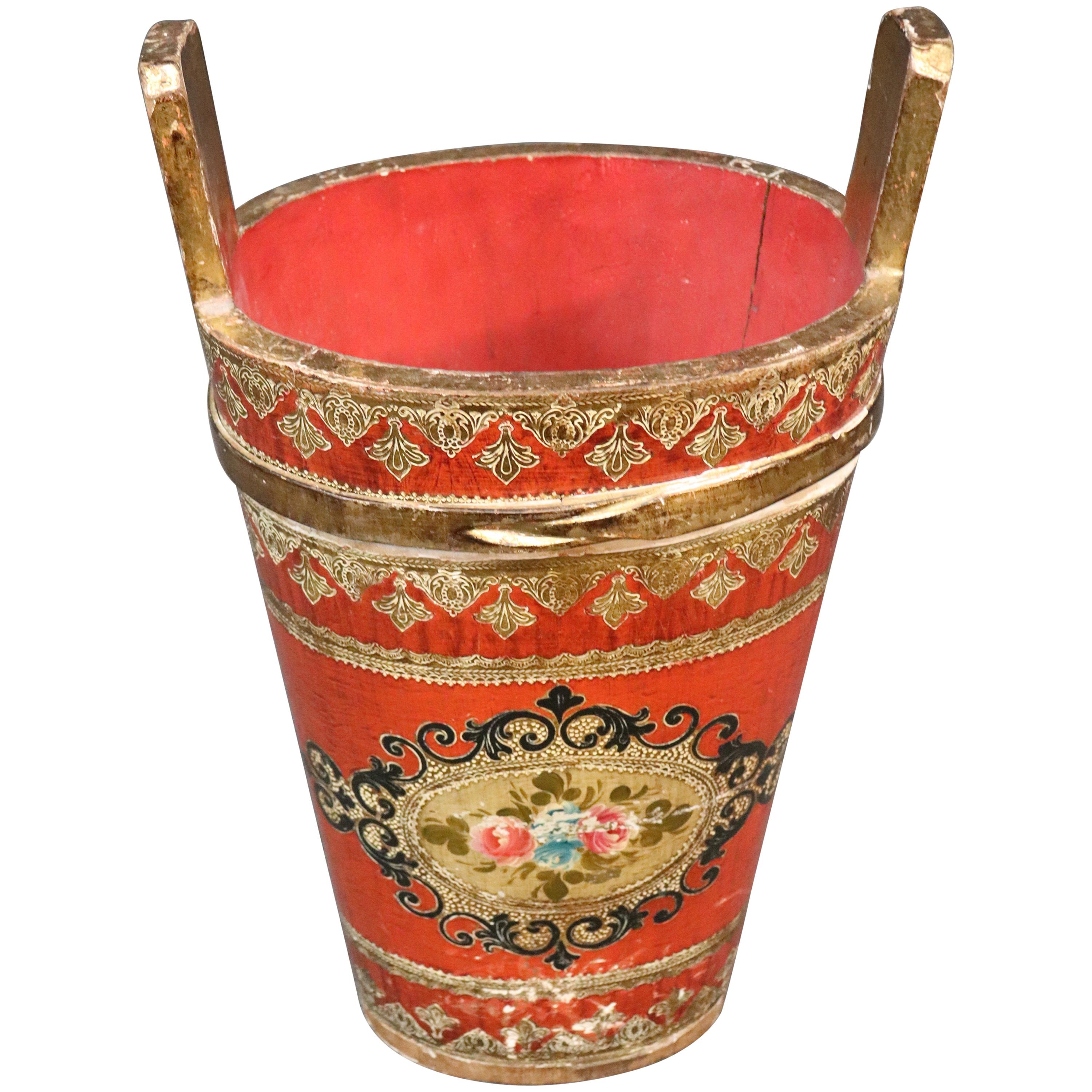 Tall Florentine Paint Decorated Gilded Italian Waste Paper Basket Trash Can