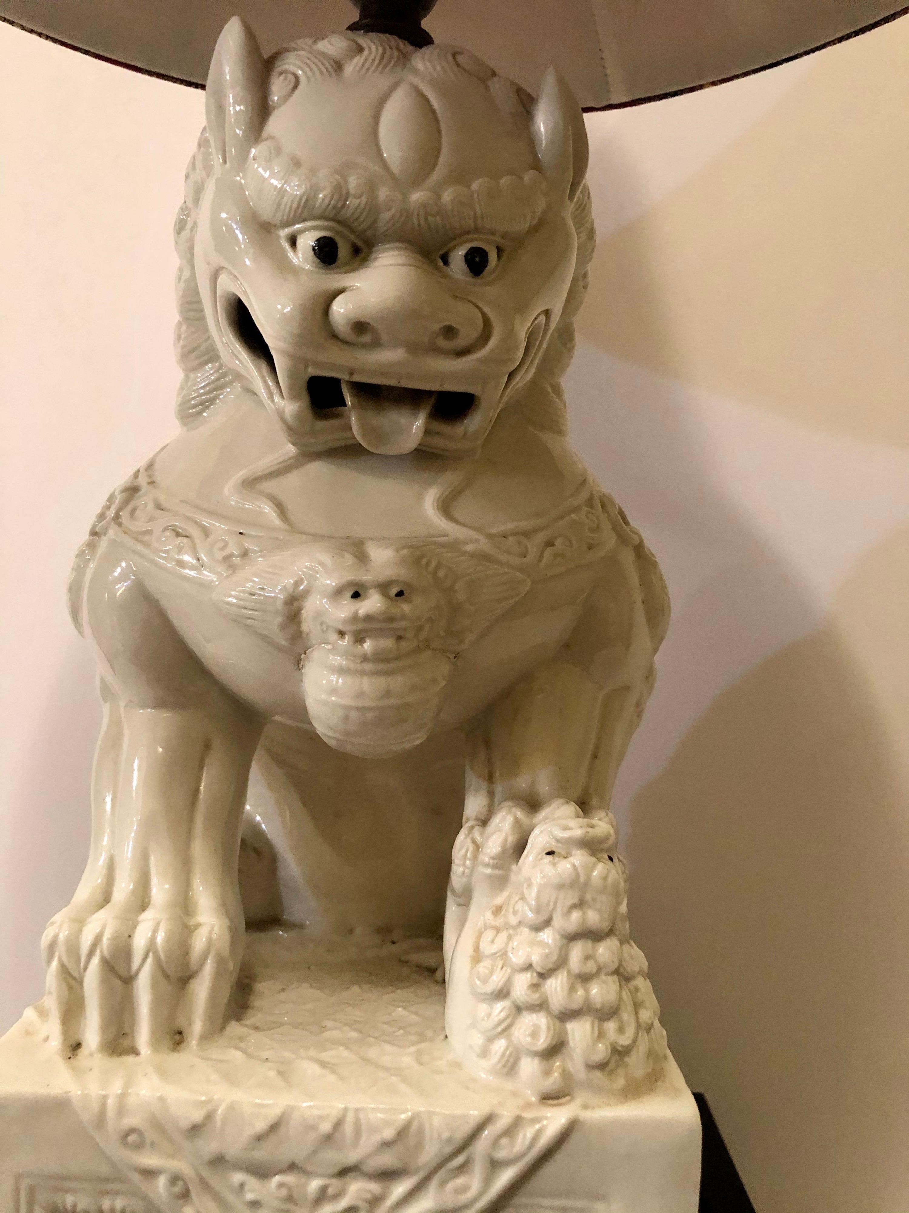 Chinese Tall Foo Dog White Lamp with Red Lamp Shade