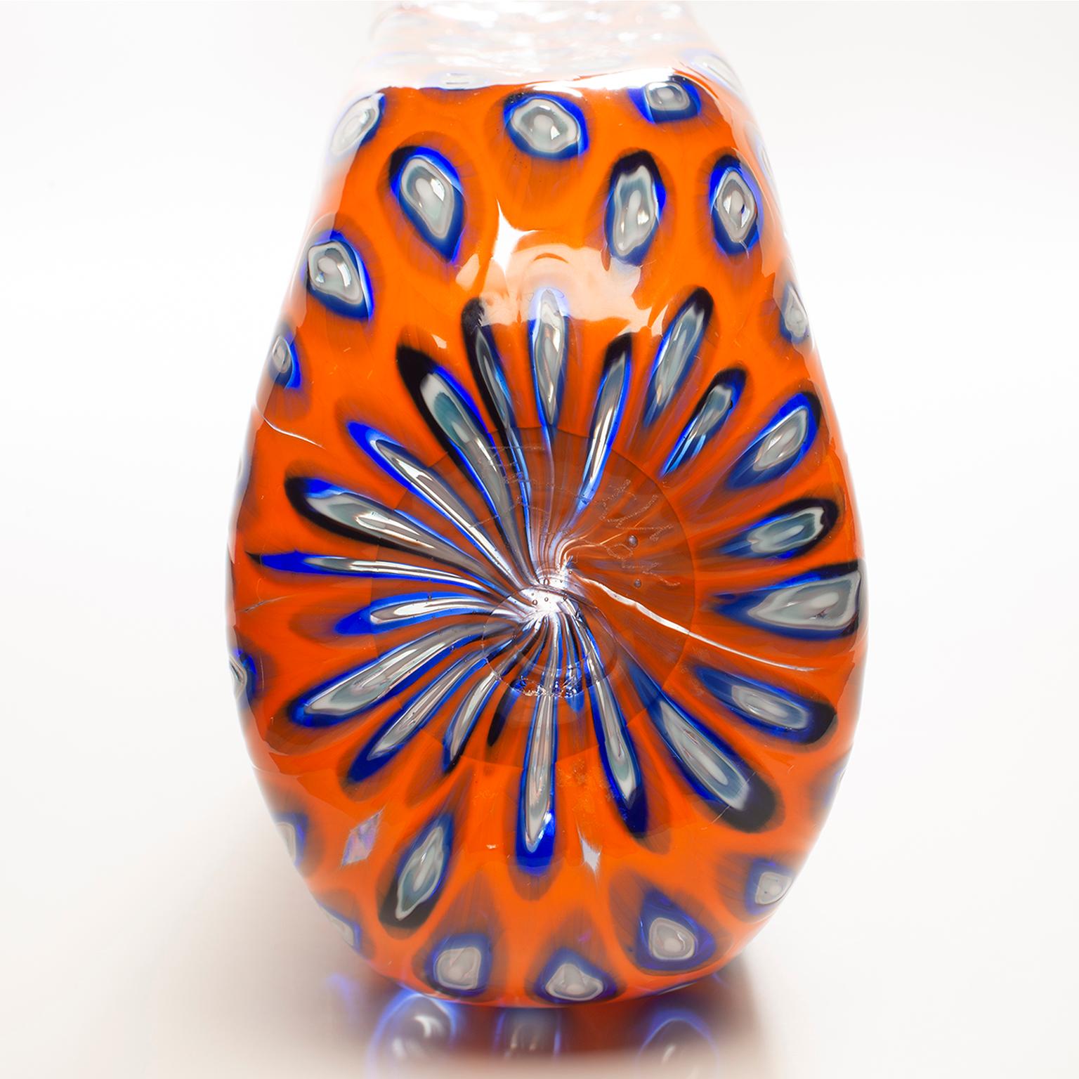 Tall Formentello Orange Blue and Red Murano Glass Vase 3
