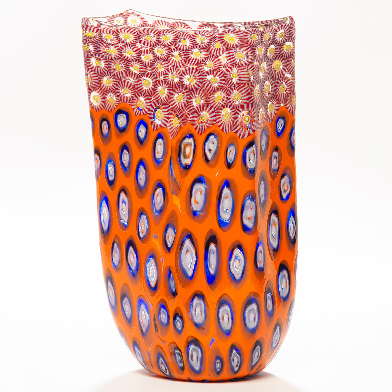 Tall Formentello Orange Blue and Red Murano Glass Vase 4