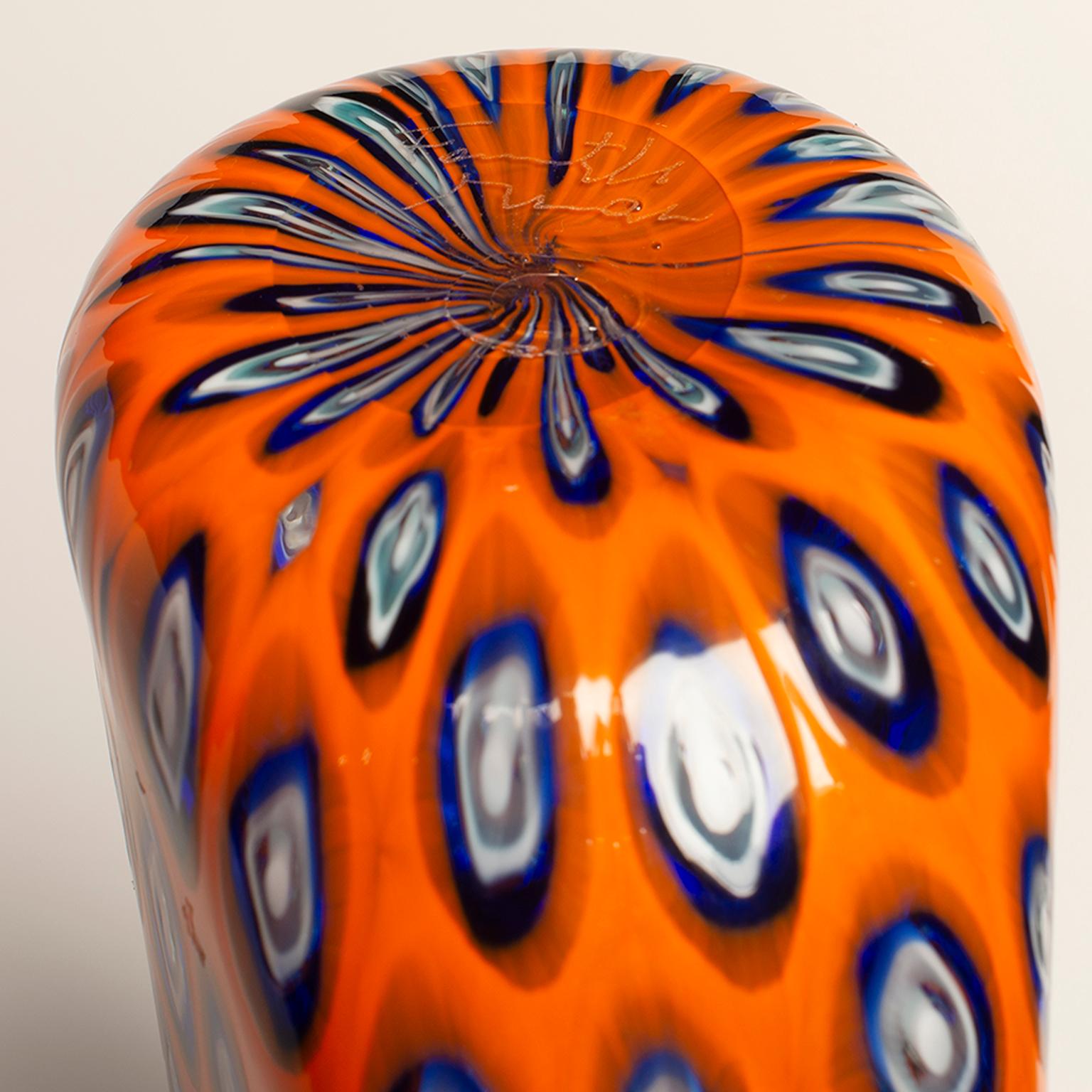 Tall Formentello Orange Blue and Red Murano Glass Vase 6