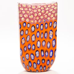 Tall Formentello Orange Blue and Red Murano Glass Vase
