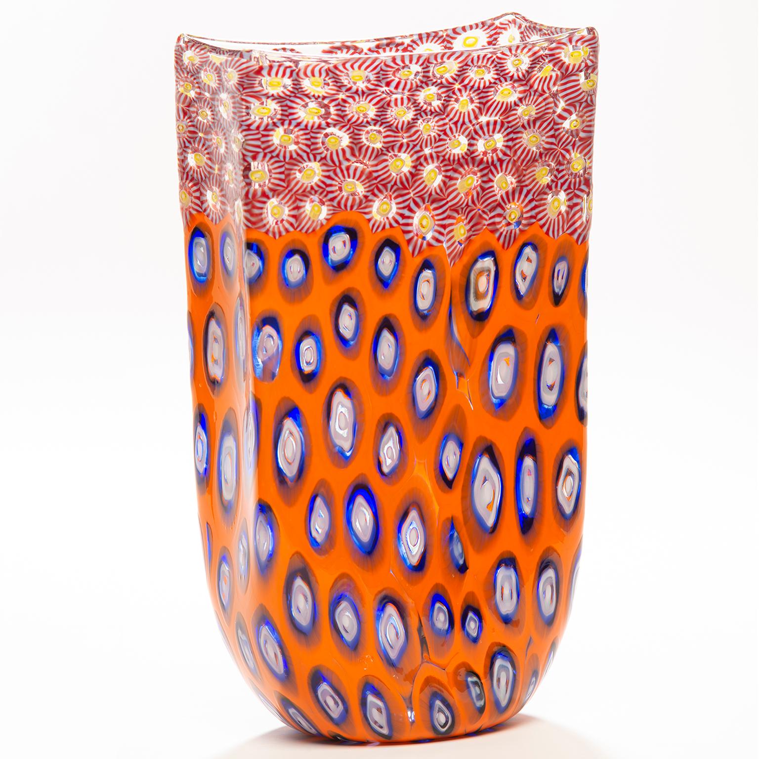 Italian Tall Formentello Orange Blue and Red Murano Glass Vase