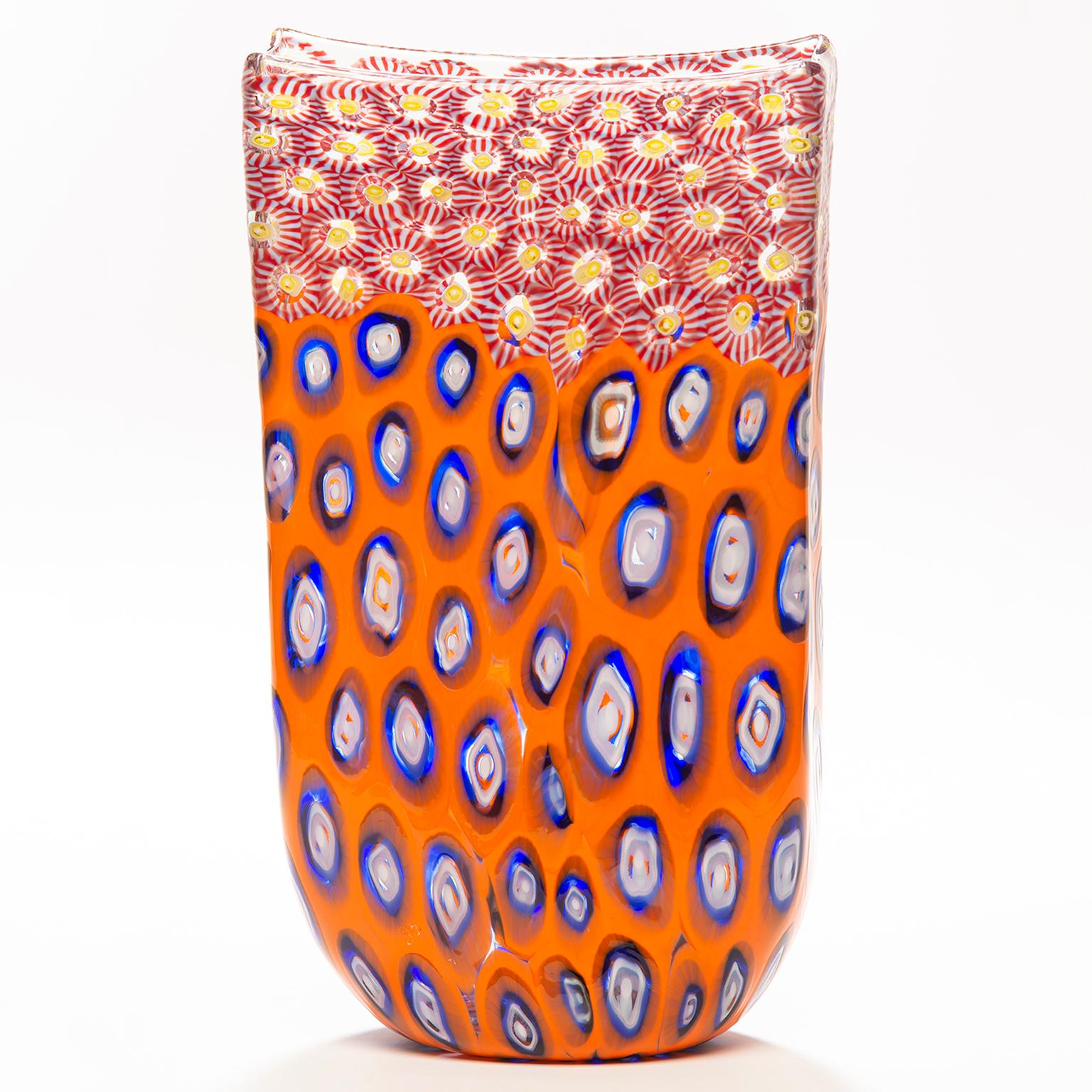 Tall Formentello Orange Blue and Red Murano Glass Vase 2