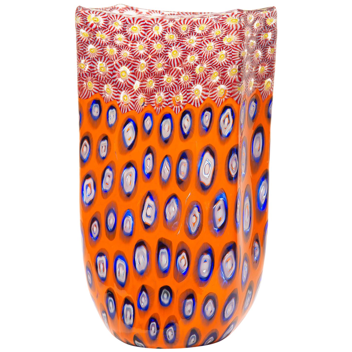 Tall Formentello Orange Blue and Red Murano Glass Vase