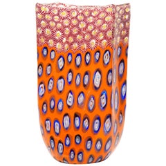 Tall Formentello Orange Blue and Red Murano Glass Vase