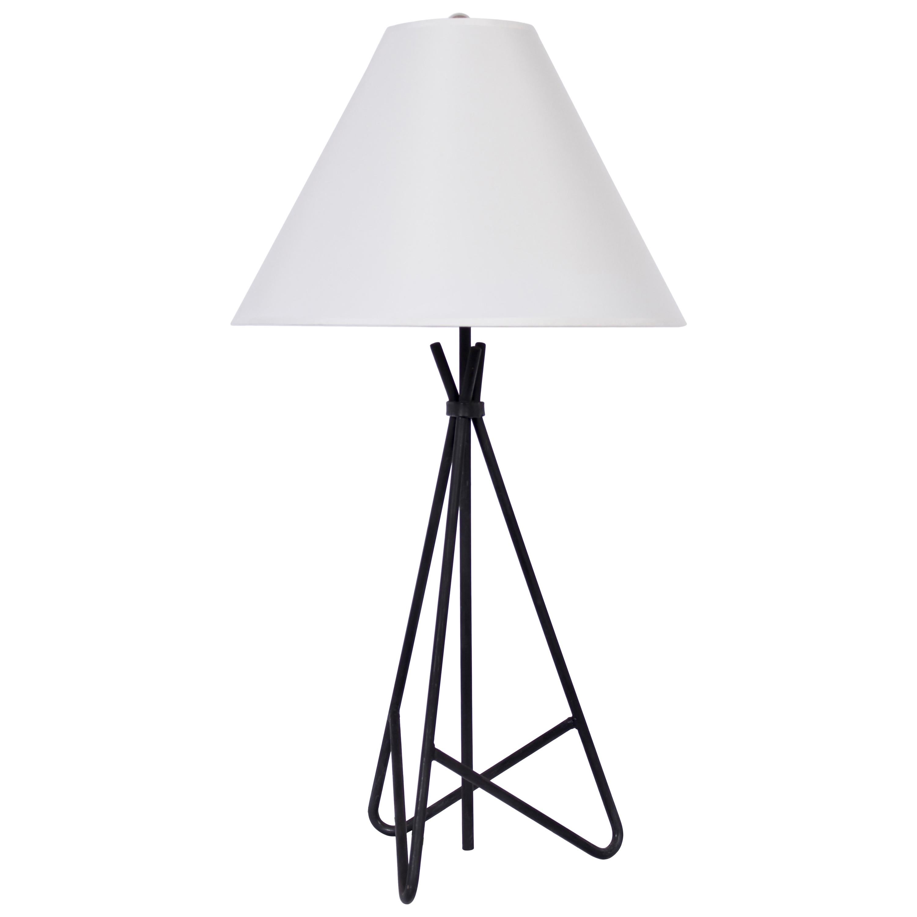 Tall Frederic Weinberg Style Clasped Black Iron Wire Tripod Table Lamp, 1950s