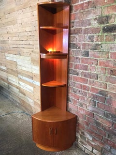 Tall freestanding 1960 vintage teak corner cabinet with 3 shelves and a cupboard