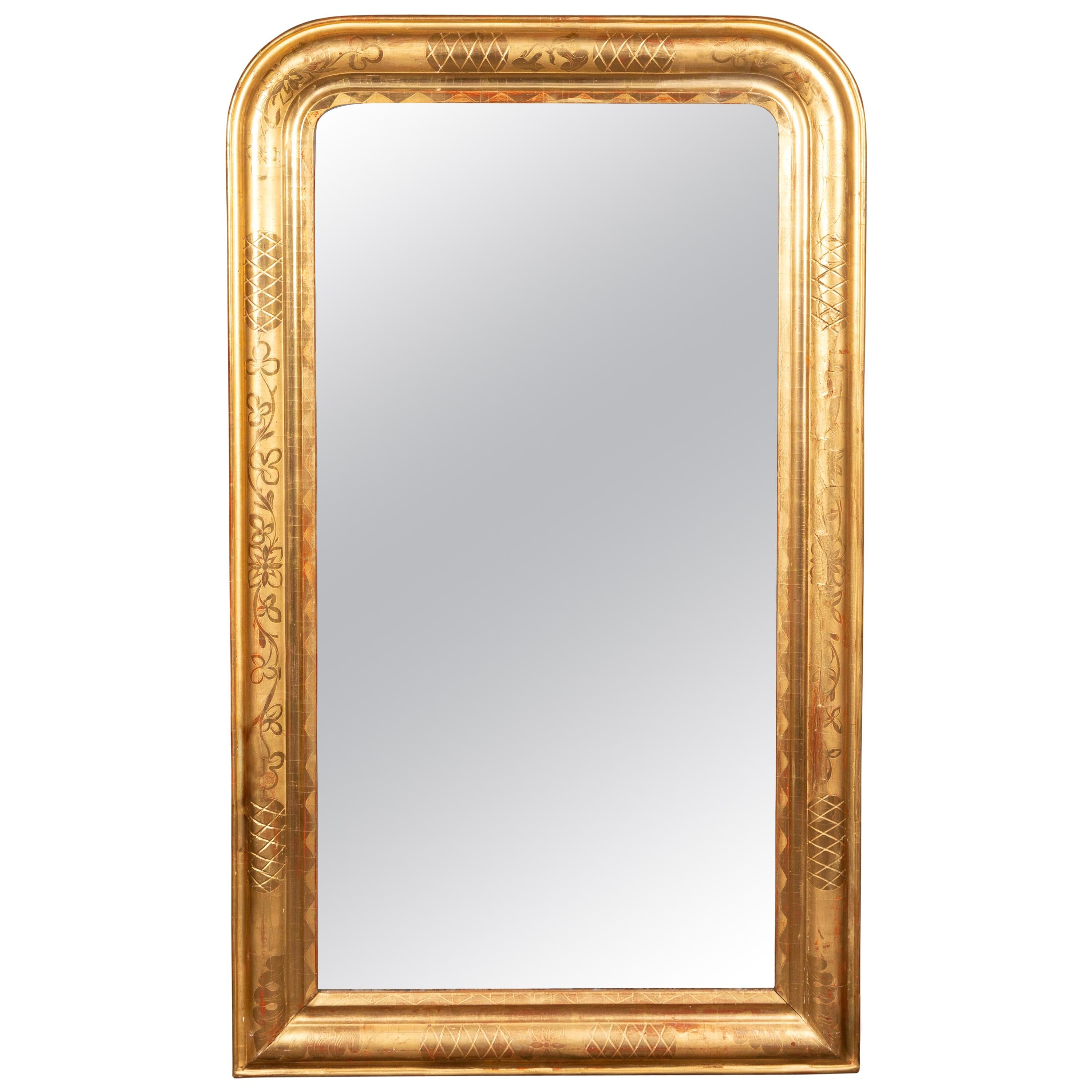 Tall French 1900s Louis-Philippe Mirror with Clover and Crosshatch Motifs