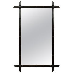Tall French 1920s Black Ebonized Faux Bamboo Mirror with Protruding Corners