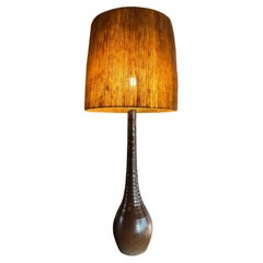 Tall French 1950’s glazed pottery lamp with fabric shade