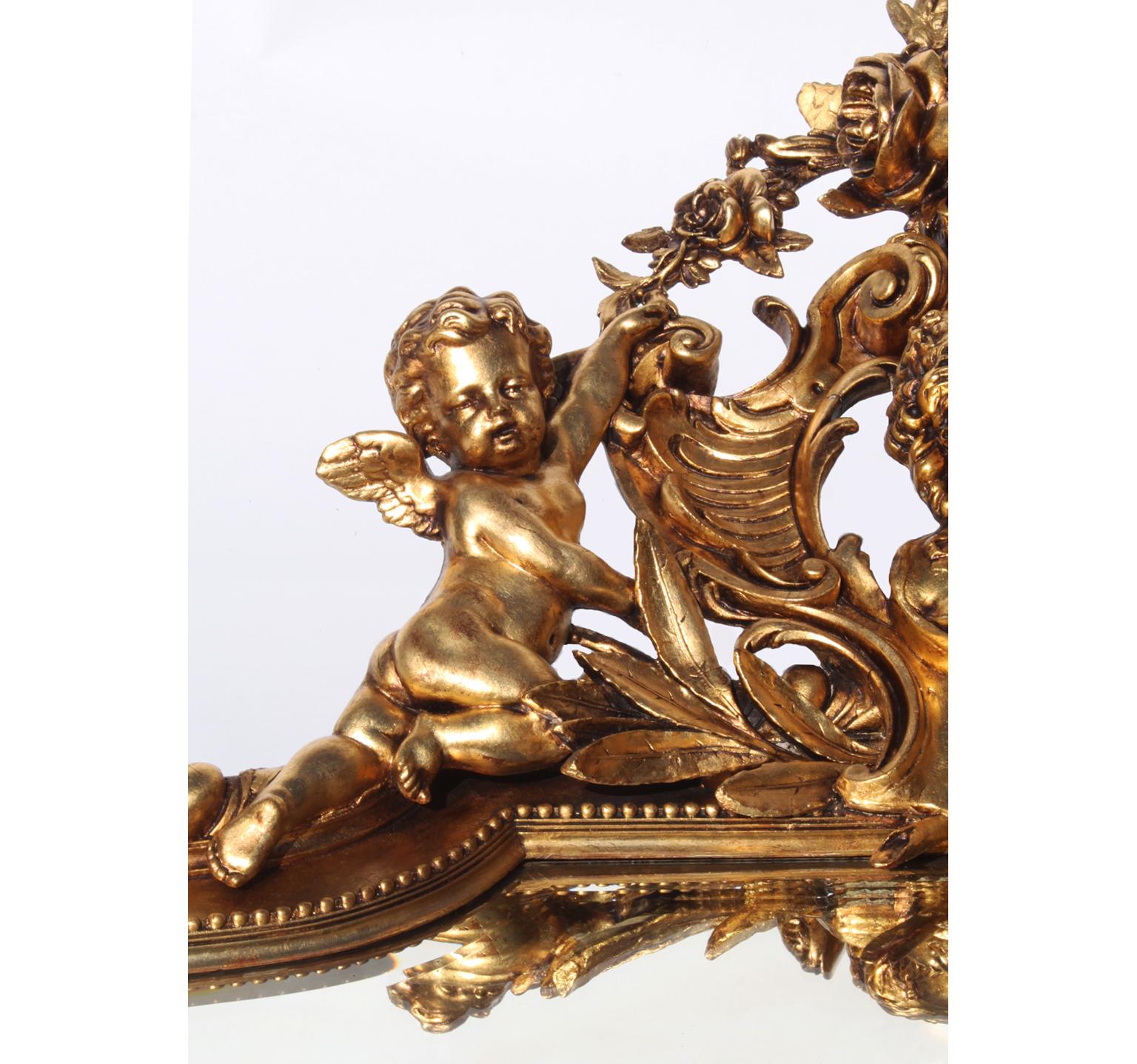 Belle Époque Tall French 19th-20th Century Giltwood and Gesso Carved Grand-Hall Cherub Mirror For Sale