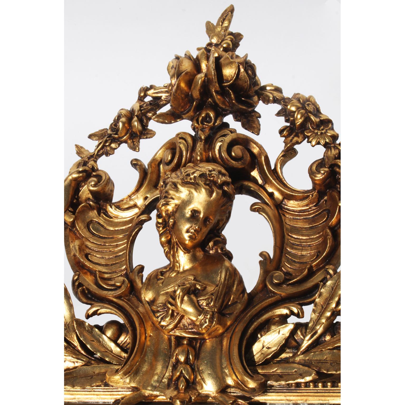 Tall French 19th-20th Century Giltwood and Gesso Carved Grand-Hall Cherub Mirror In Fair Condition For Sale In Los Angeles, CA