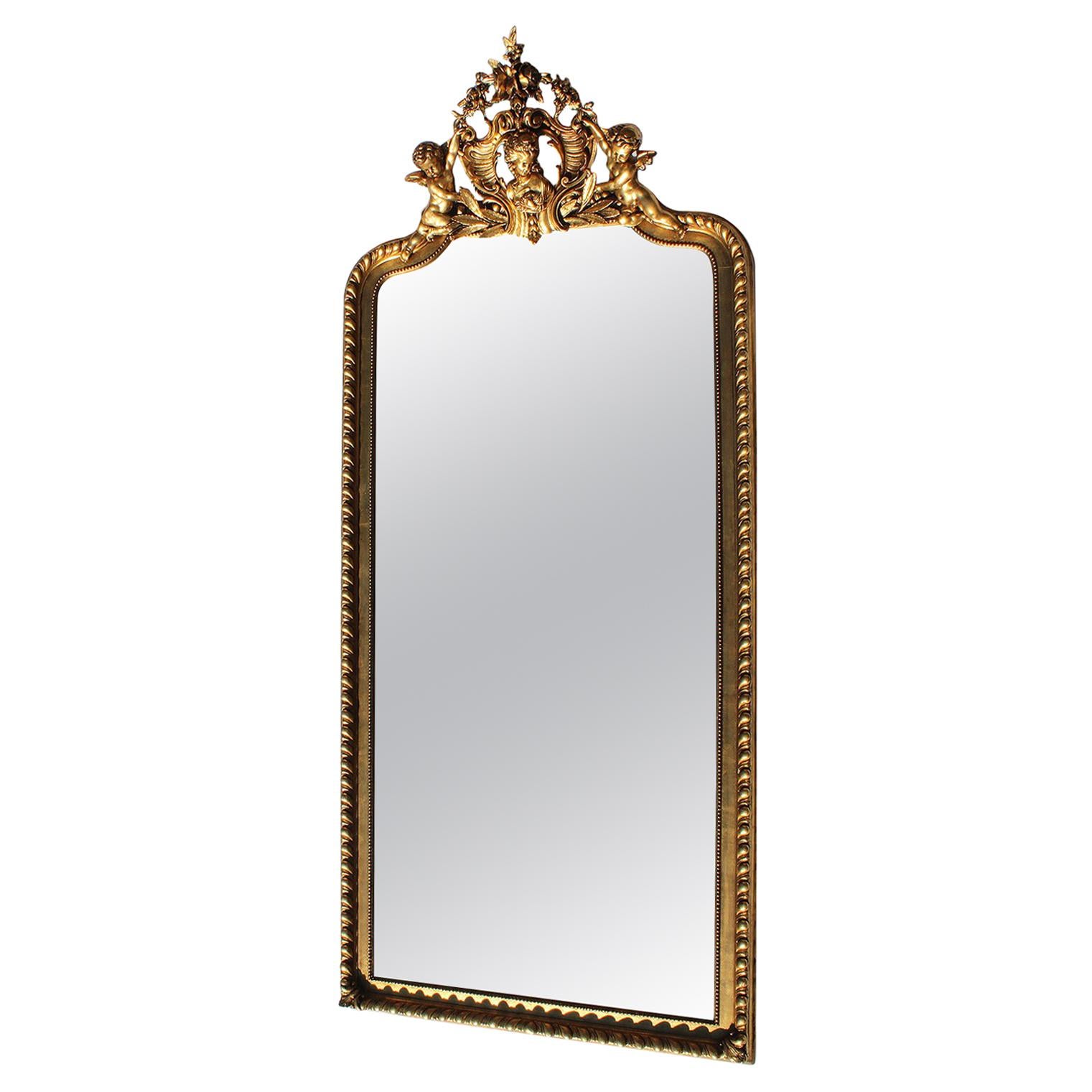 Tall French 19th-20th Century Giltwood and Gesso Carved Grand-Hall Cherub Mirror For Sale