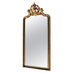 Antique Tall French 19th-20th Century Giltwood and Gesso Carved Grand-Hall Cherub Mirror