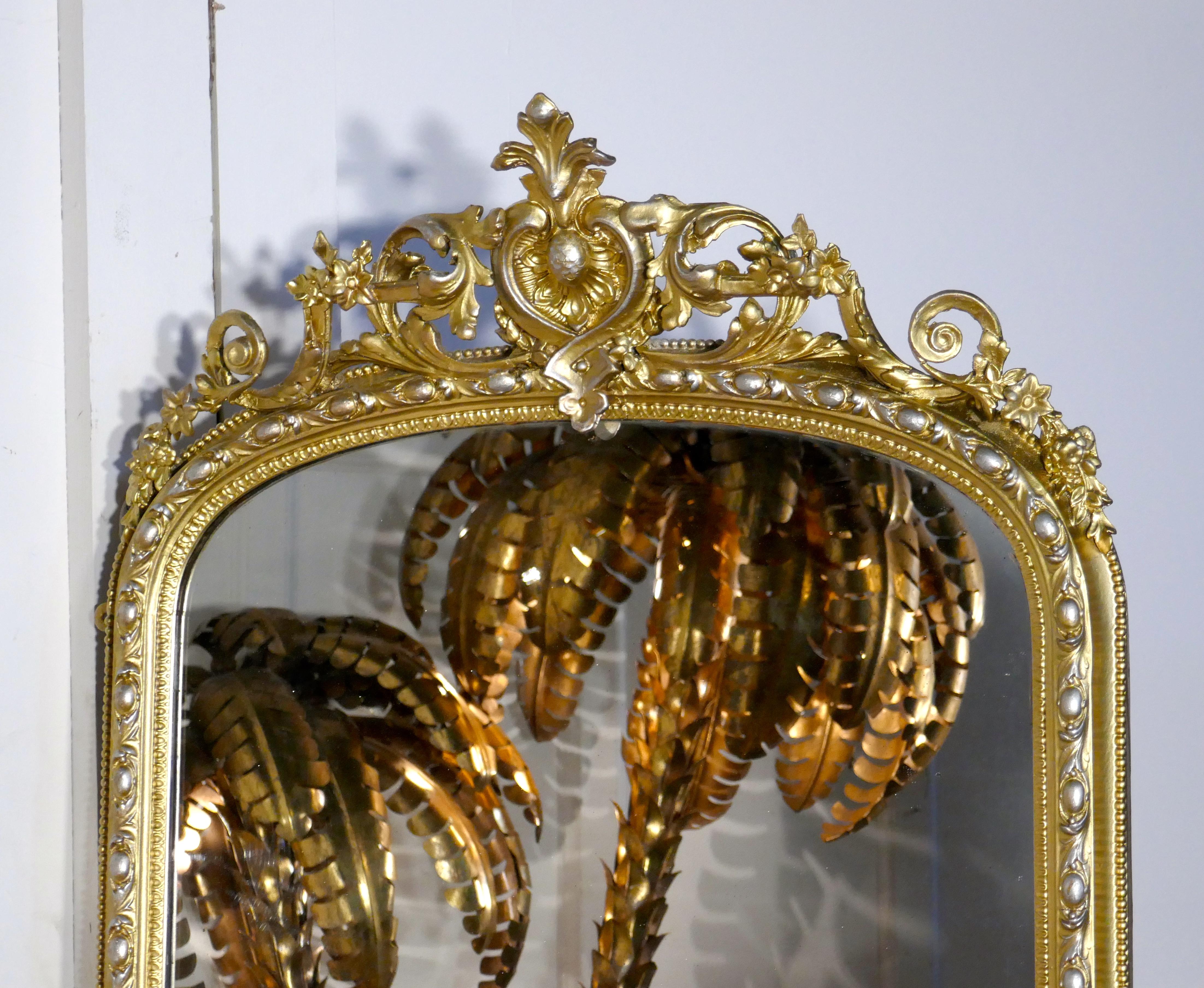 Tall French 19th Century Louis Philippe Wall Mirror Decorated in Silver and Gold 1