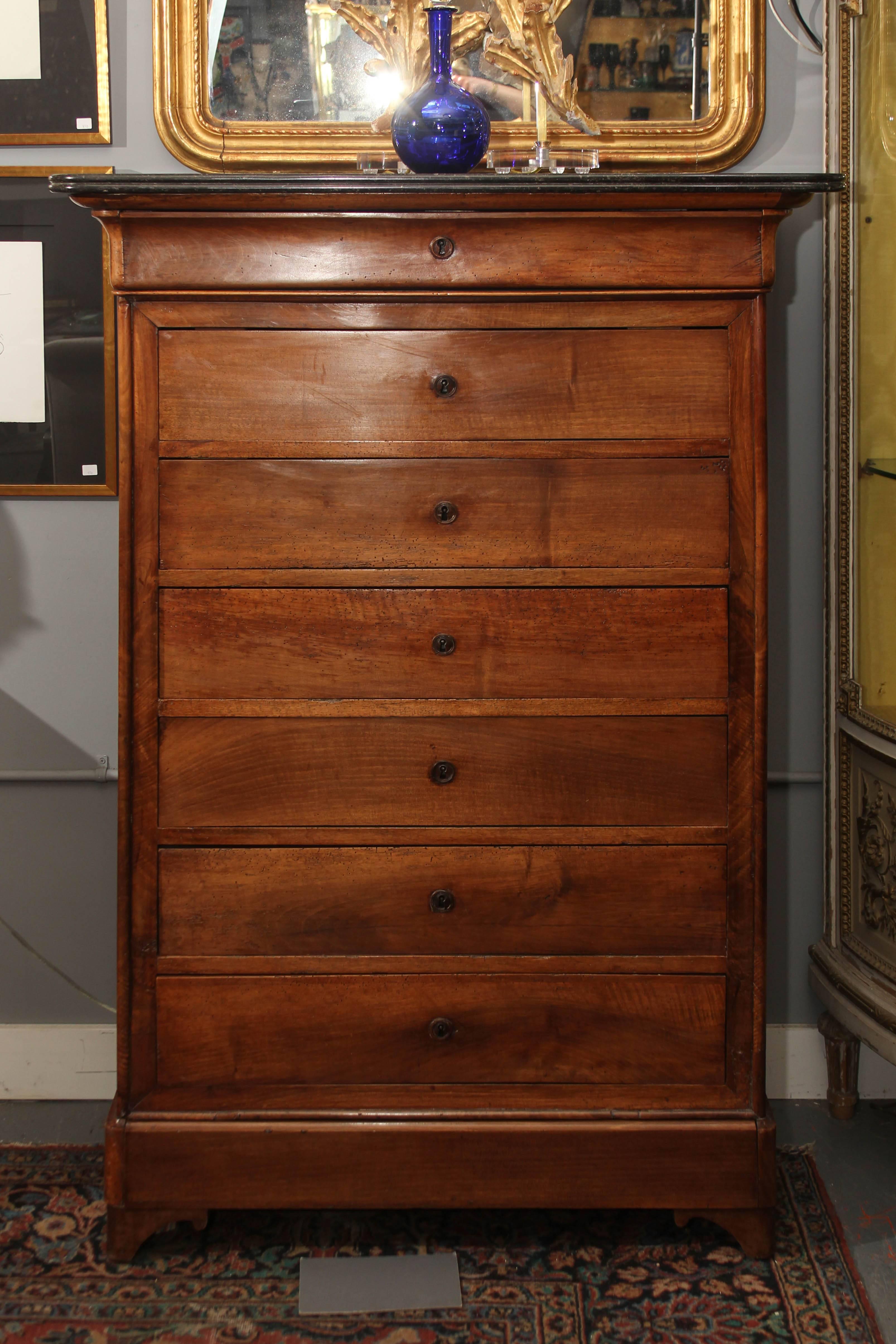 Tall French eight-drawer chest with very nice marble top and key.