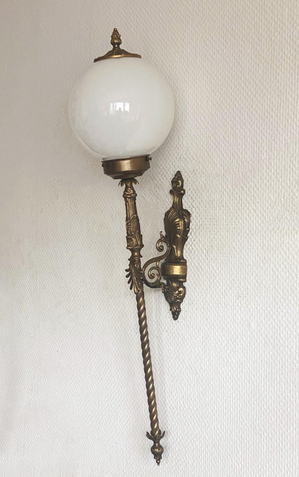 Tall French Art Deco Bronze Opaline Glass Torchiere Wall Sconce Indoor Outdoor In Good Condition For Sale In Frankfurt am Main, DE