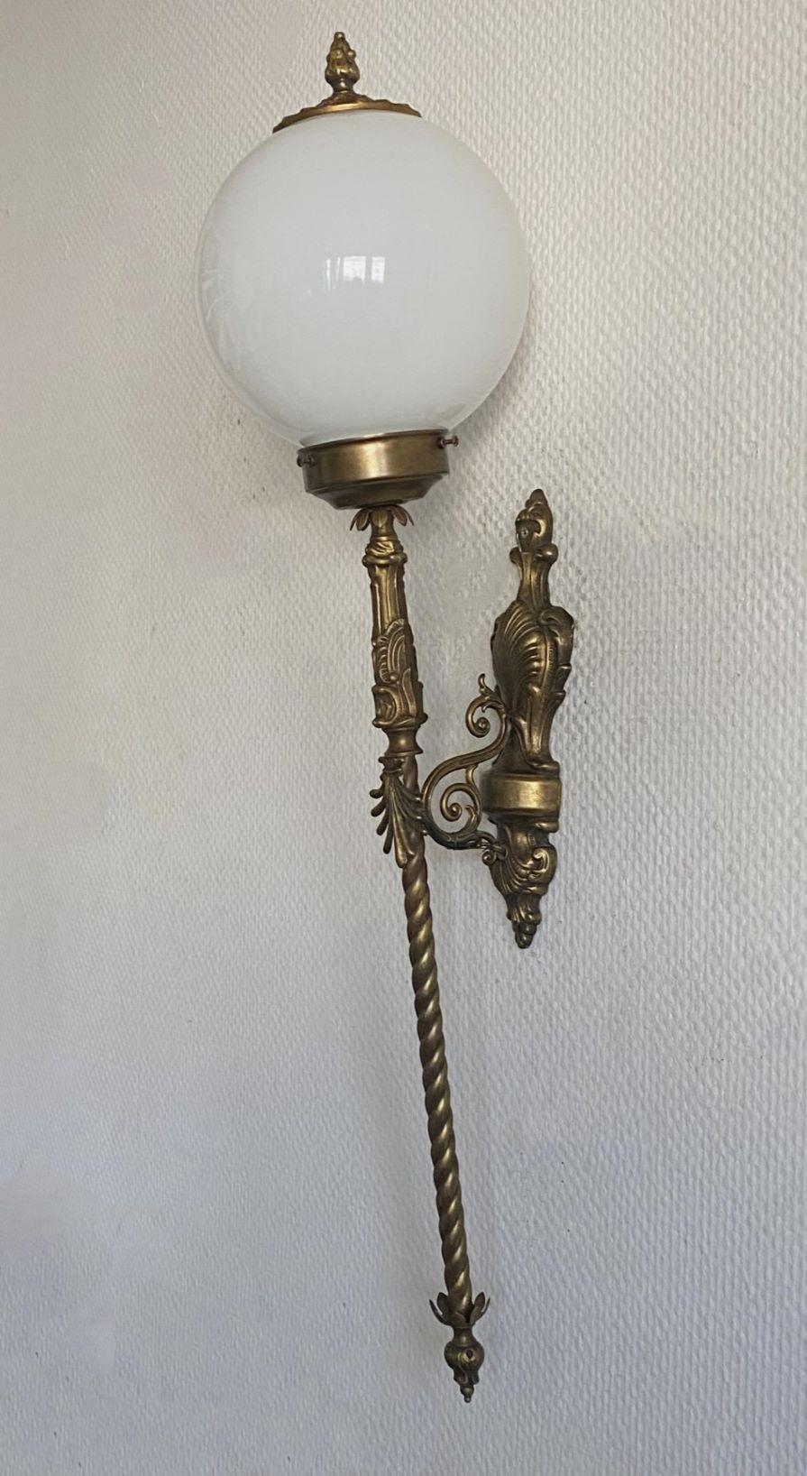 20th Century Tall French Art Deco Bronze Opaline Glass Torchiere Wall Sconce Indoor Outdoor For Sale