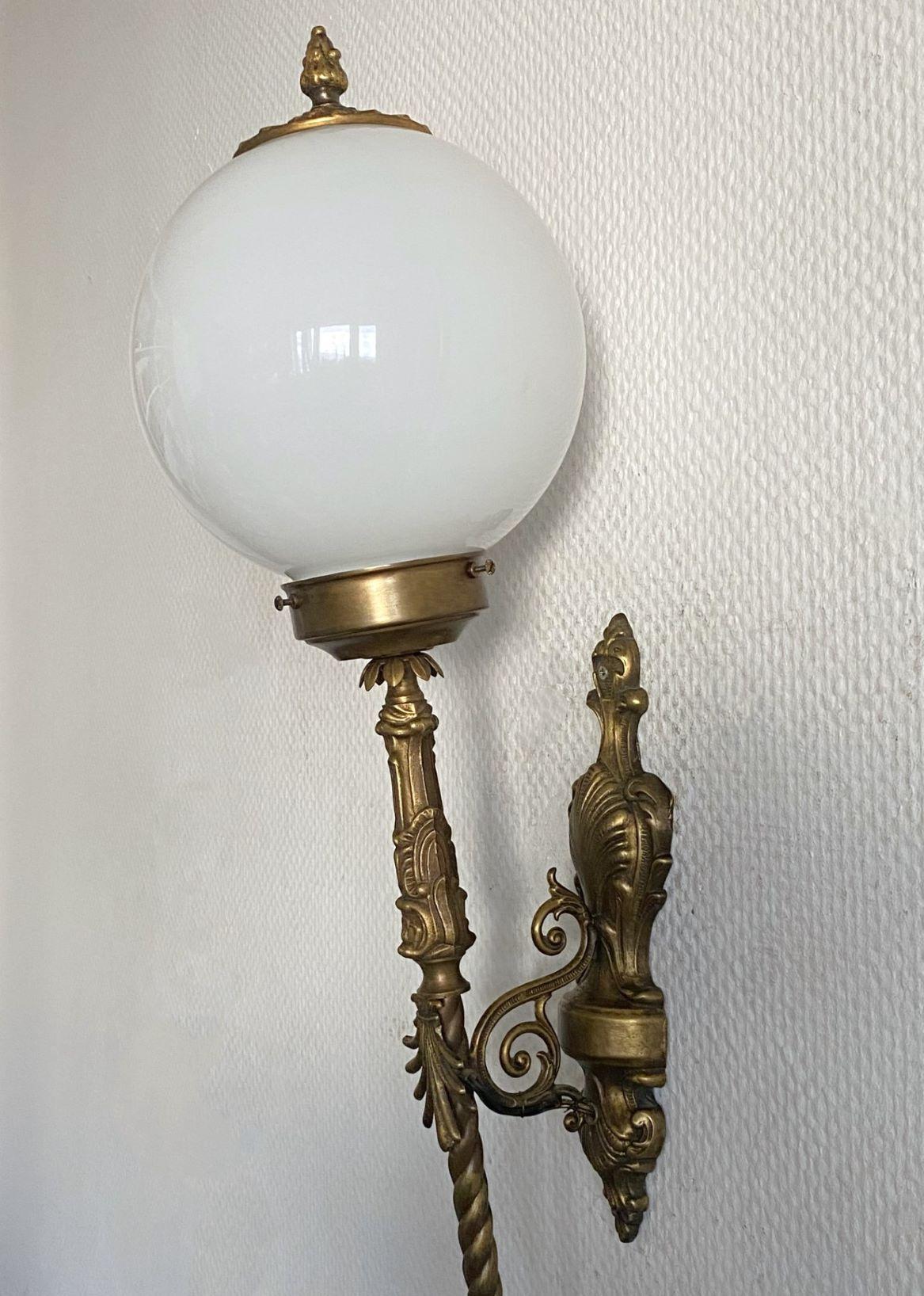 Tall French Art Deco Bronze Opaline Glass Torchiere Wall Sconce Indoor Outdoor For Sale 1