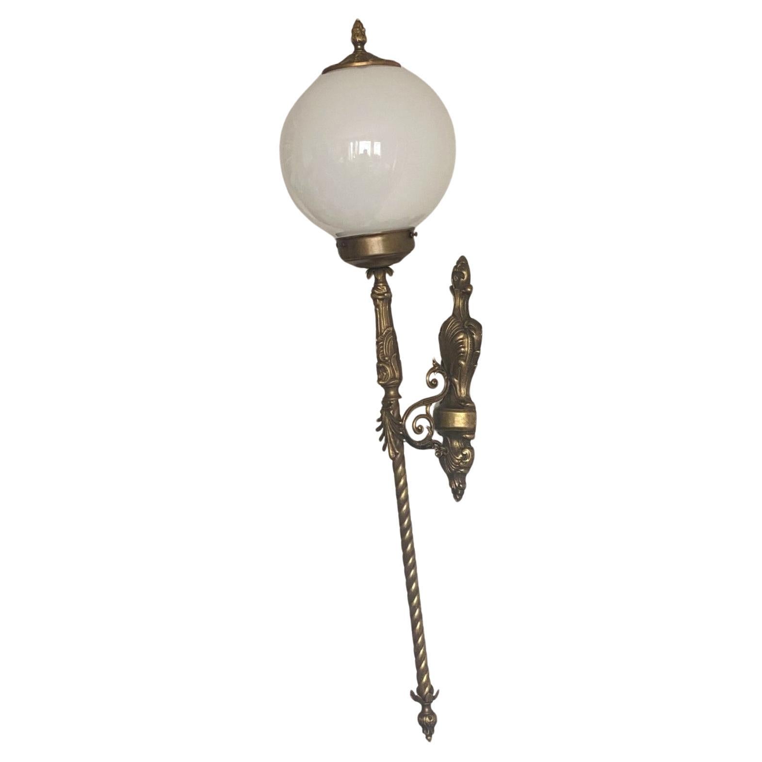 Tall French Art Deco Bronze Opaline Glass Torchiere Wall Sconce Indoor Outdoor For Sale