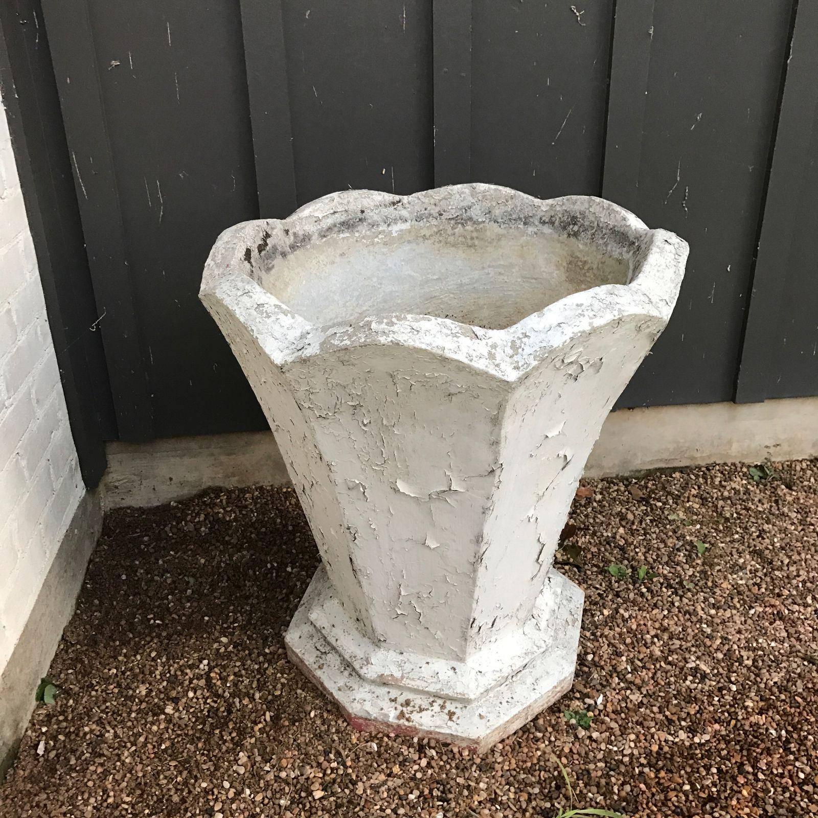 Painted Tall French Art Deco Concrete Geometric Planter, circa 1930