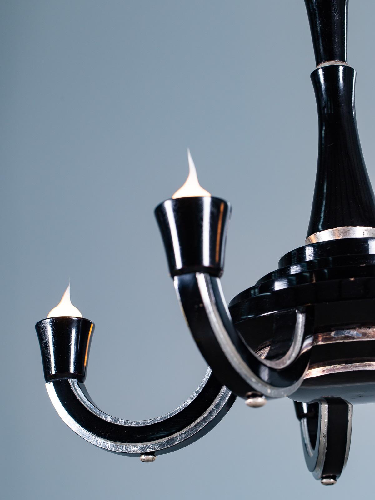 Tall French Art Deco Ebonized Silver Leaf Timber Five Light Chandelier circ 1930 For Sale 5