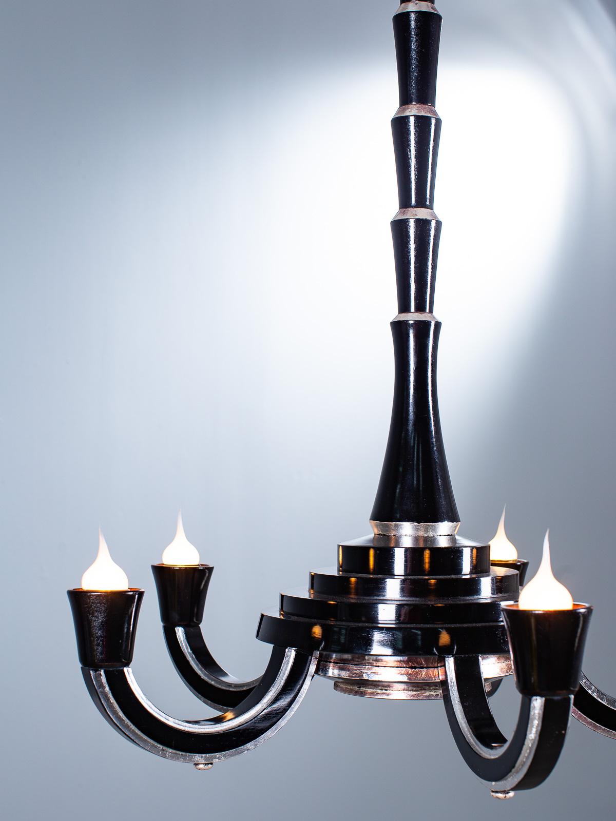 Carved Tall French Art Deco Ebonized Silver Leaf Timber Five Light Chandelier circ 1930 For Sale