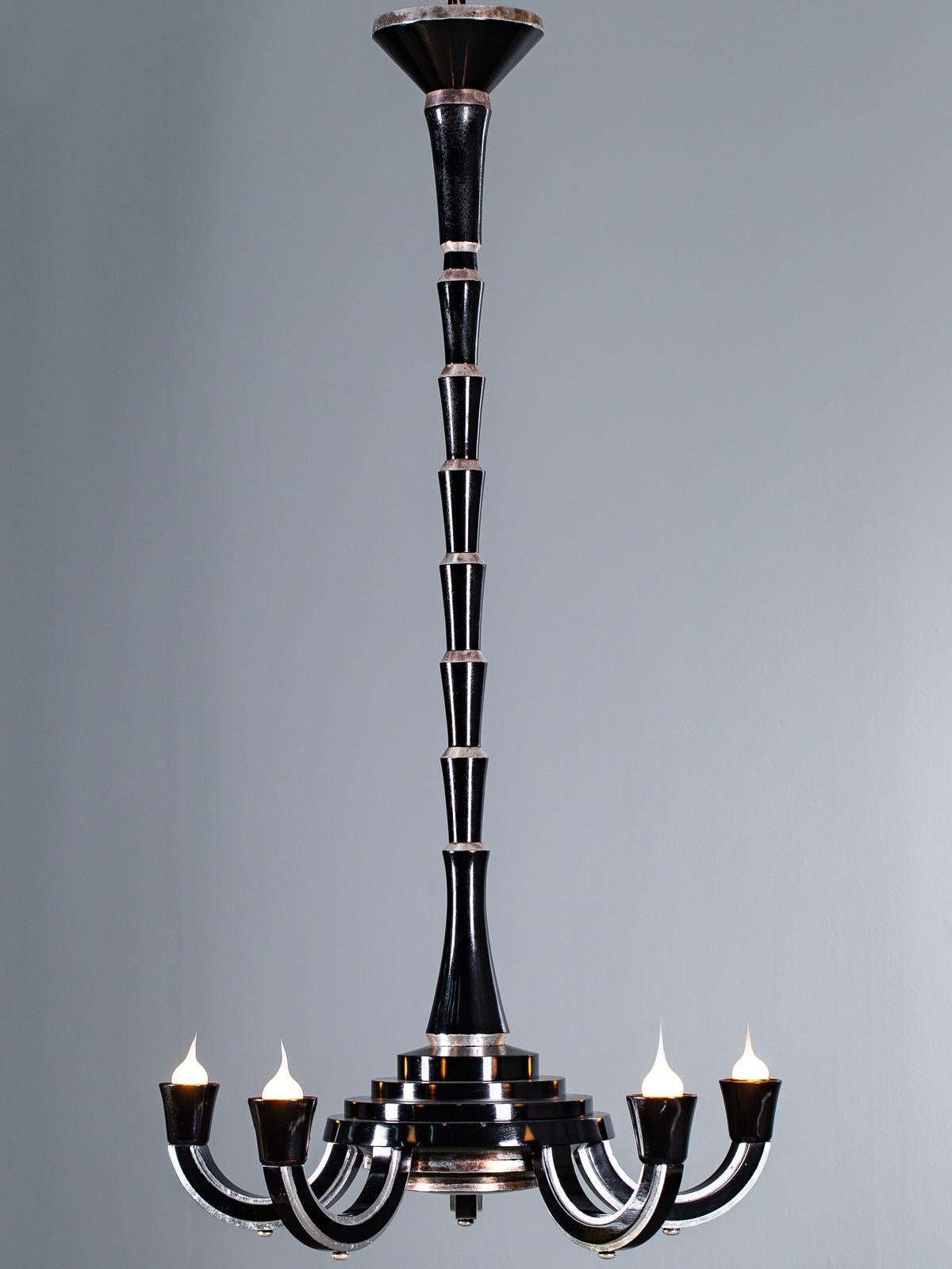 Tall French Art Deco Ebonized Silver Leaf Timber Five Light Chandelier circ 1930 In Good Condition For Sale In Houston, TX