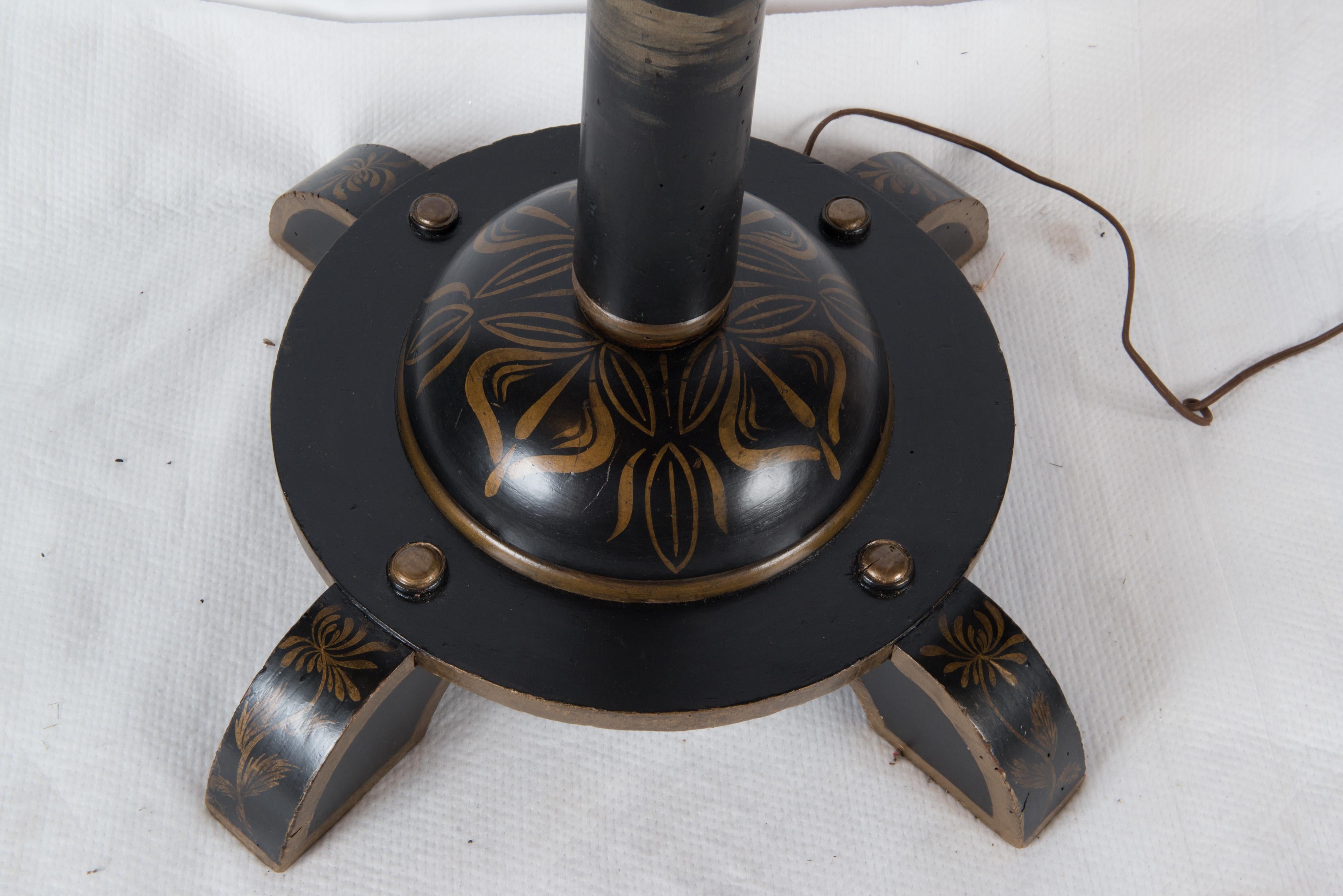 Black background chinoiserie wood floor lamp from France. Rewired. Interesting large base.