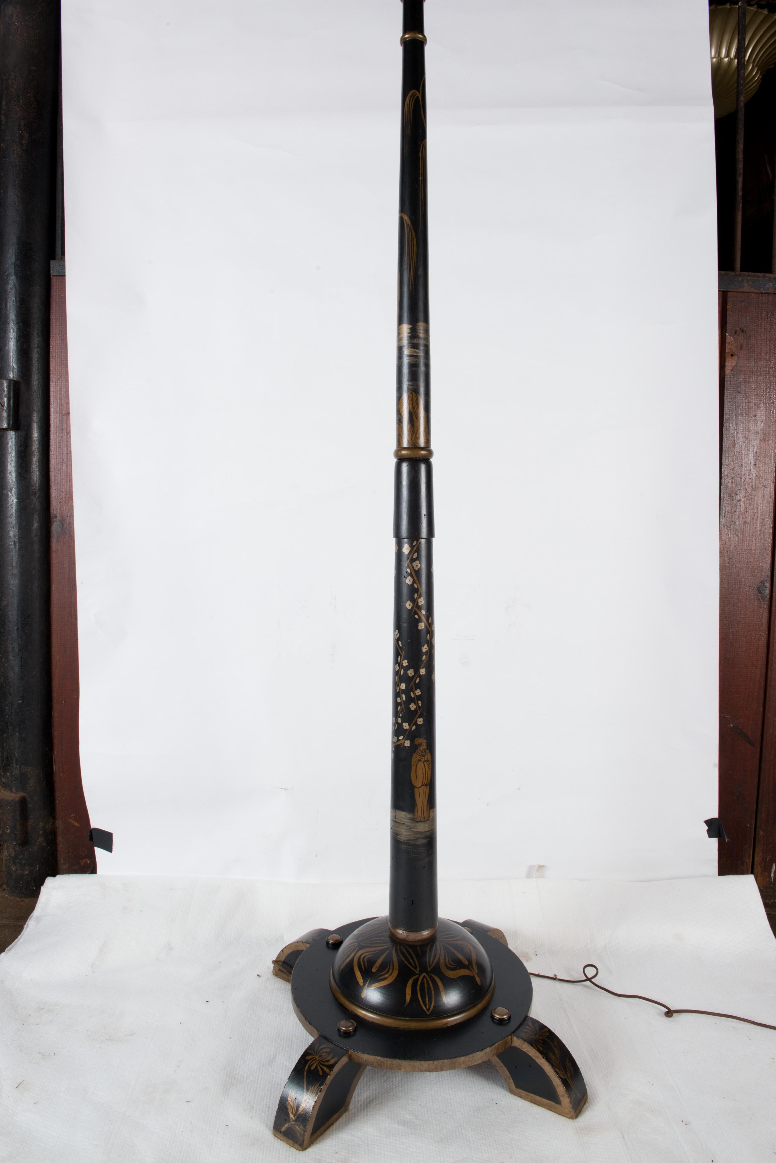 Mid-20th Century Tall French Black Chinoiserie Floor Lamp For Sale