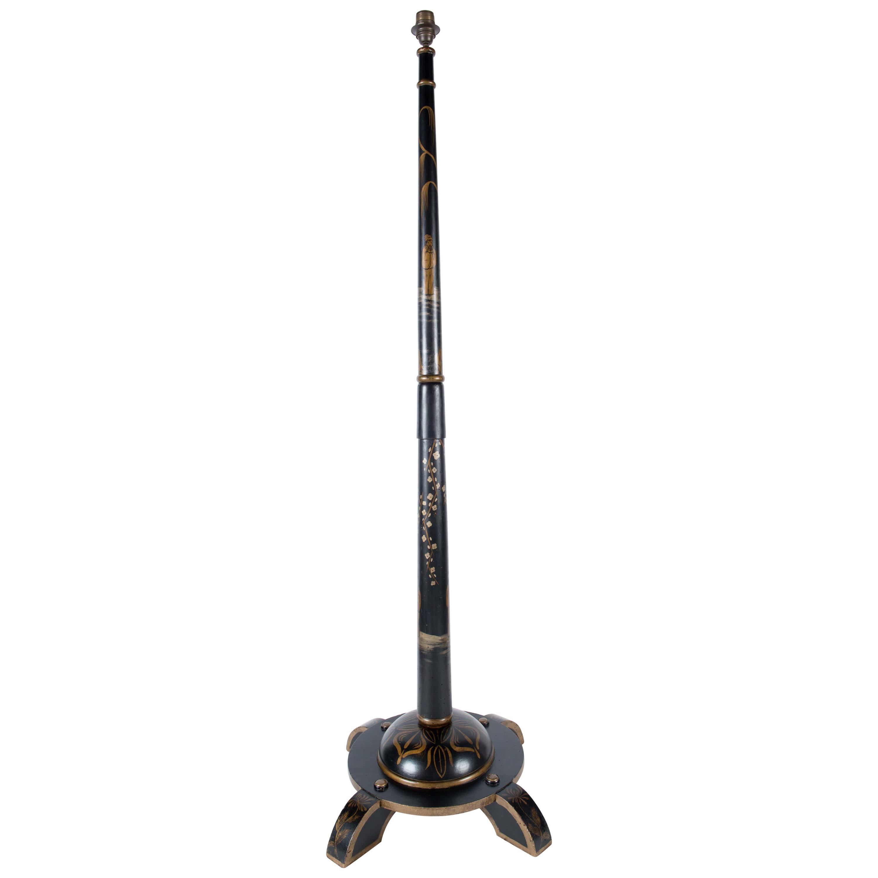 Tall French Black Chinoiserie Floor Lamp For Sale