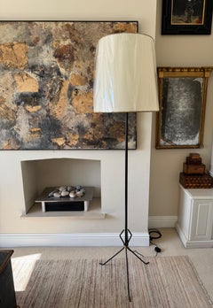 Tall French black metal floor lamp with gilt metal rope detail