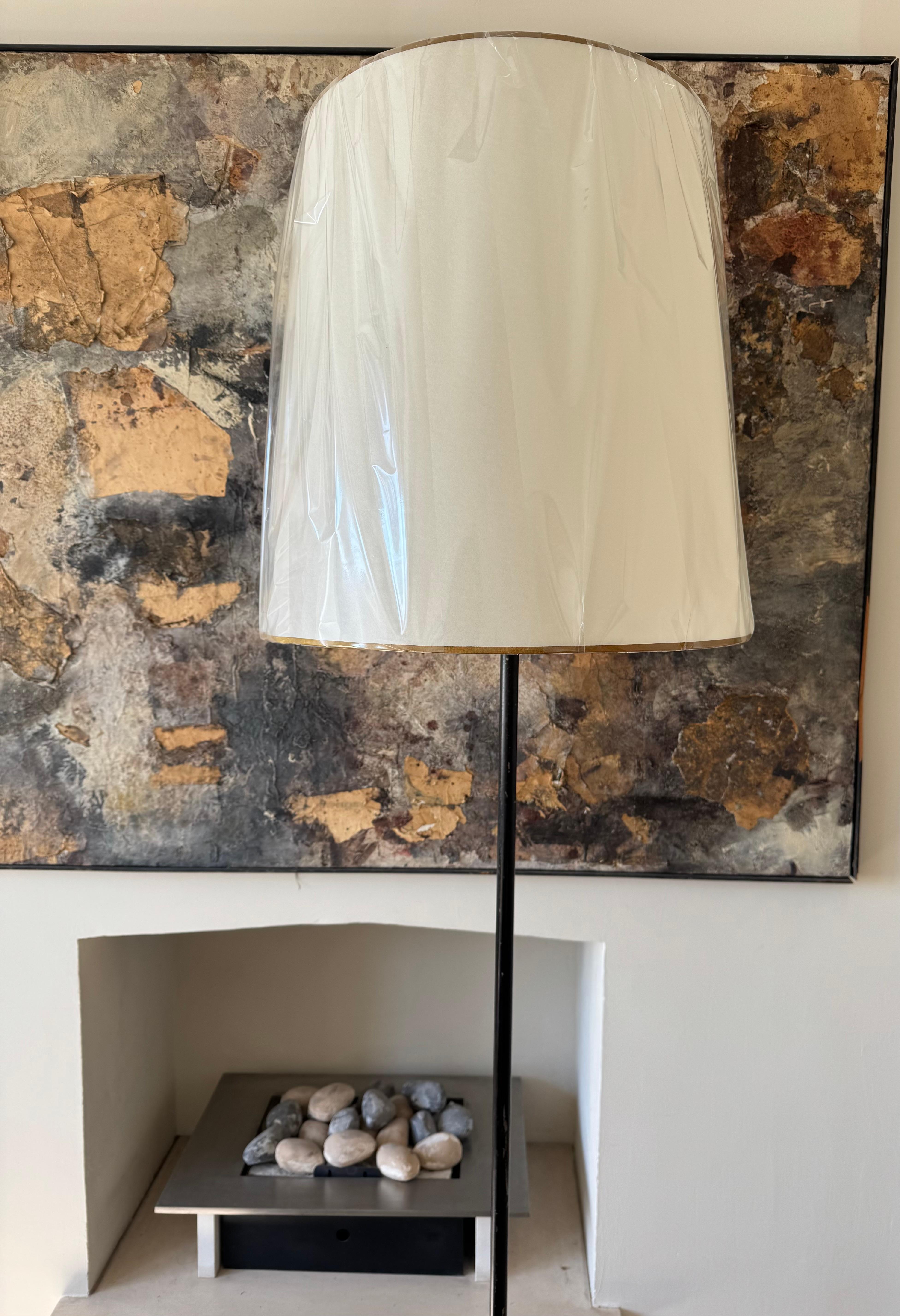 Mid-Century Modern Tall French black metal floor lamp with gilt metal rope detail