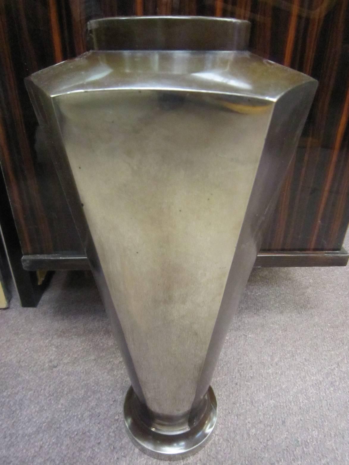 Tall French Bronze and Silvered Six-Sided Angular Vase 1