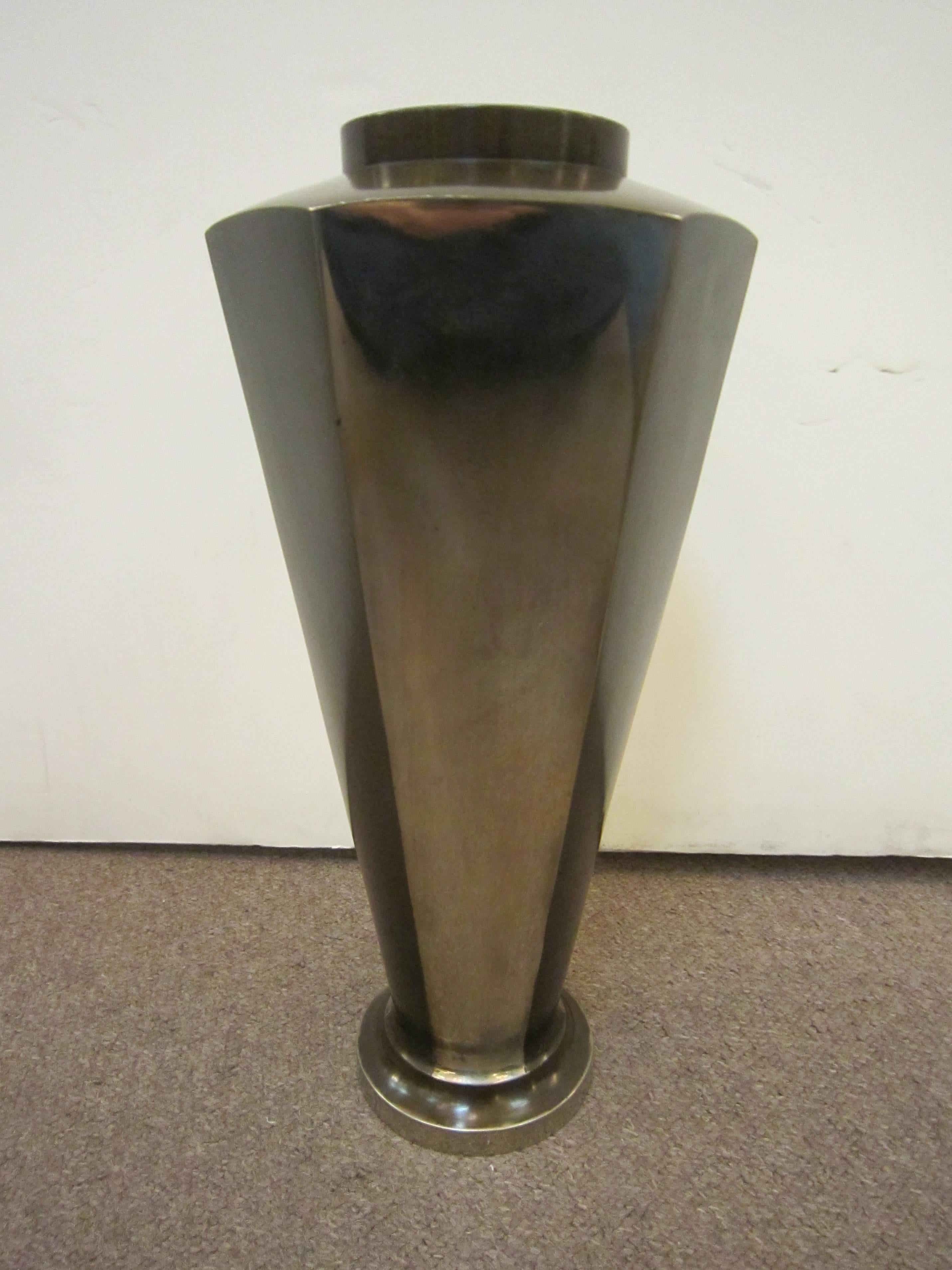 Tall French Bronze and Silvered Six-Sided Angular Vase 3