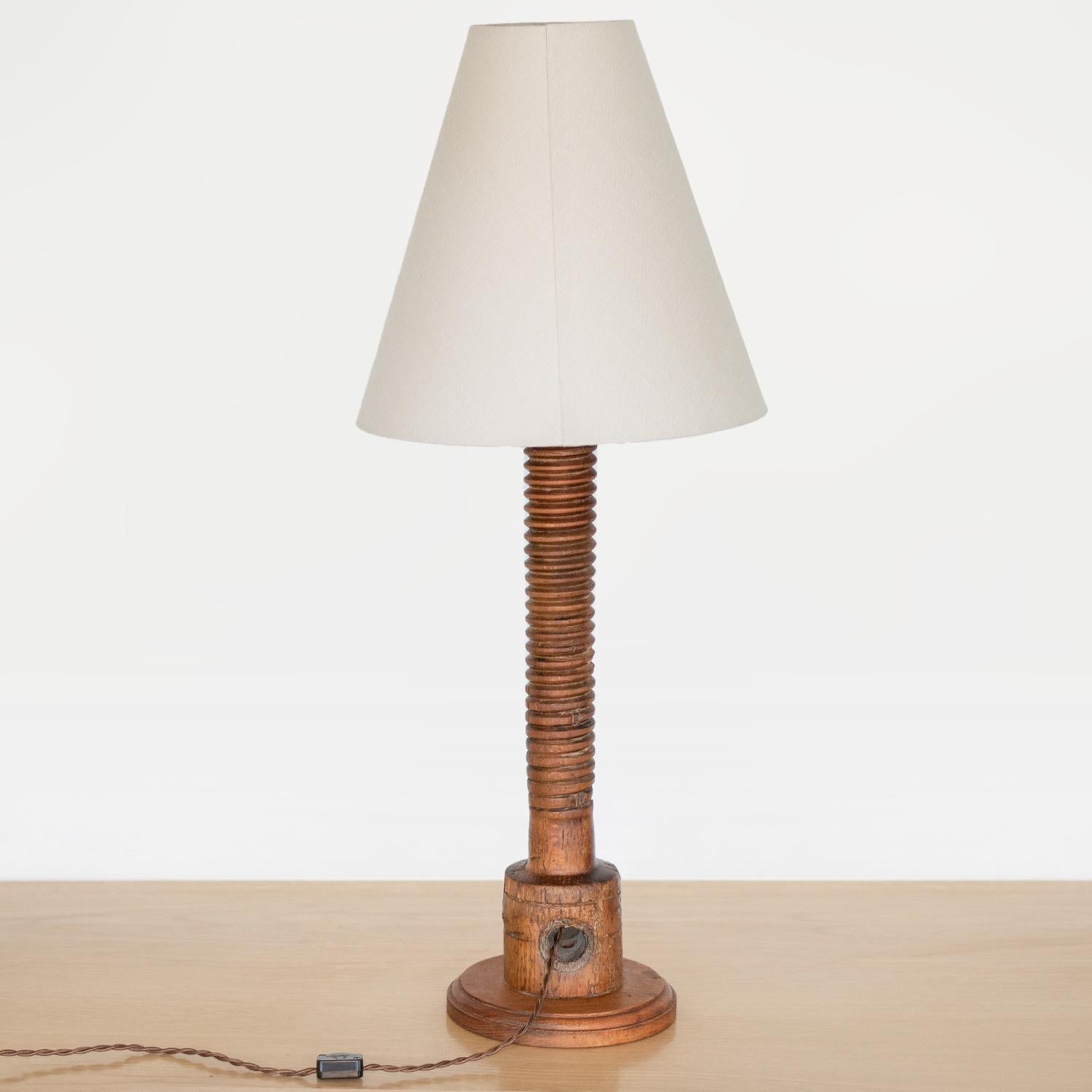 Linen Tall French Carved Wood Table Lamp For Sale