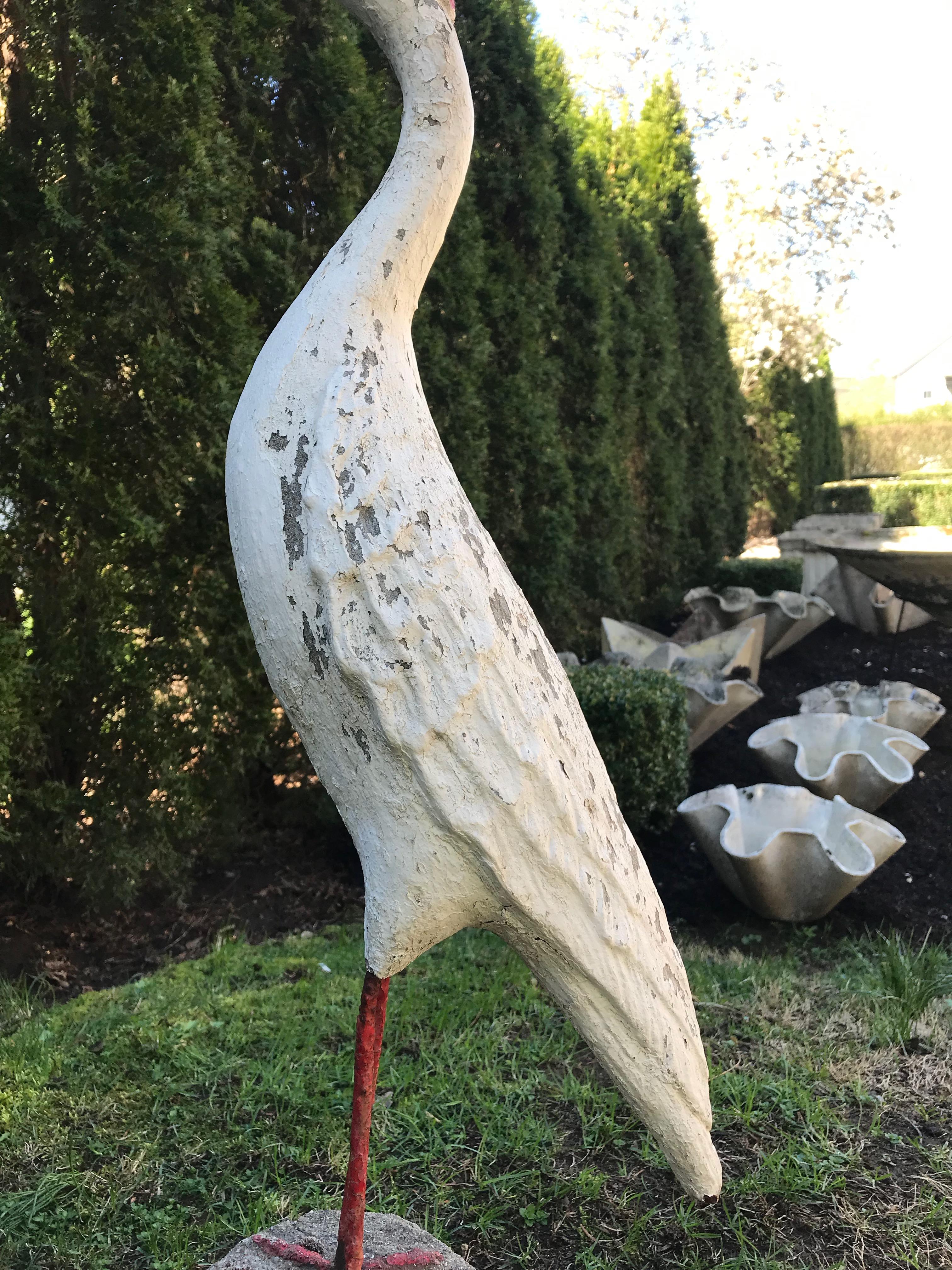 Tall French Cast Stone White Heron Statue with Iron Legs 2