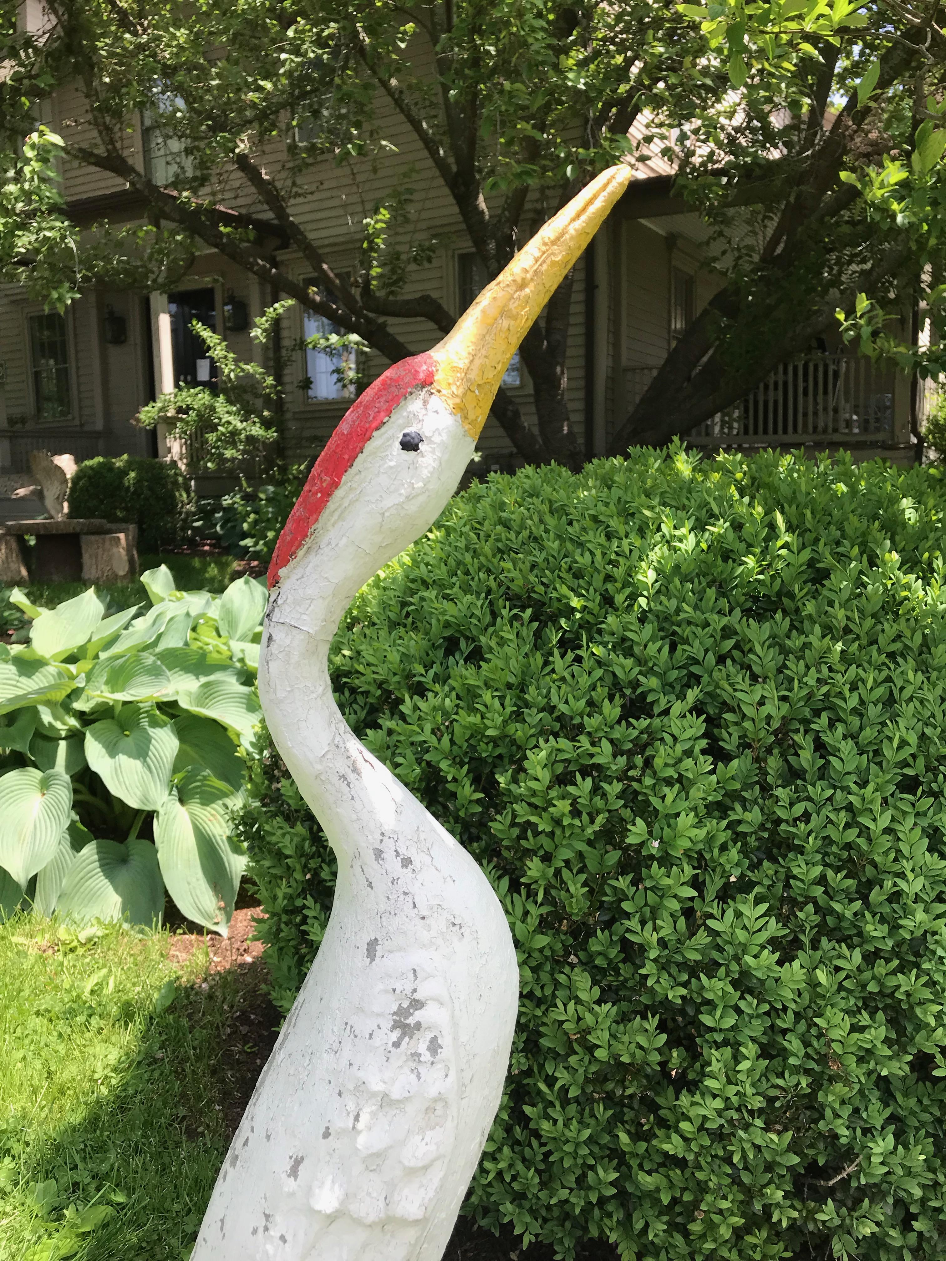 Tall French Cast Stone White Heron Statue with Iron Legs In Good Condition In Woodbury, CT